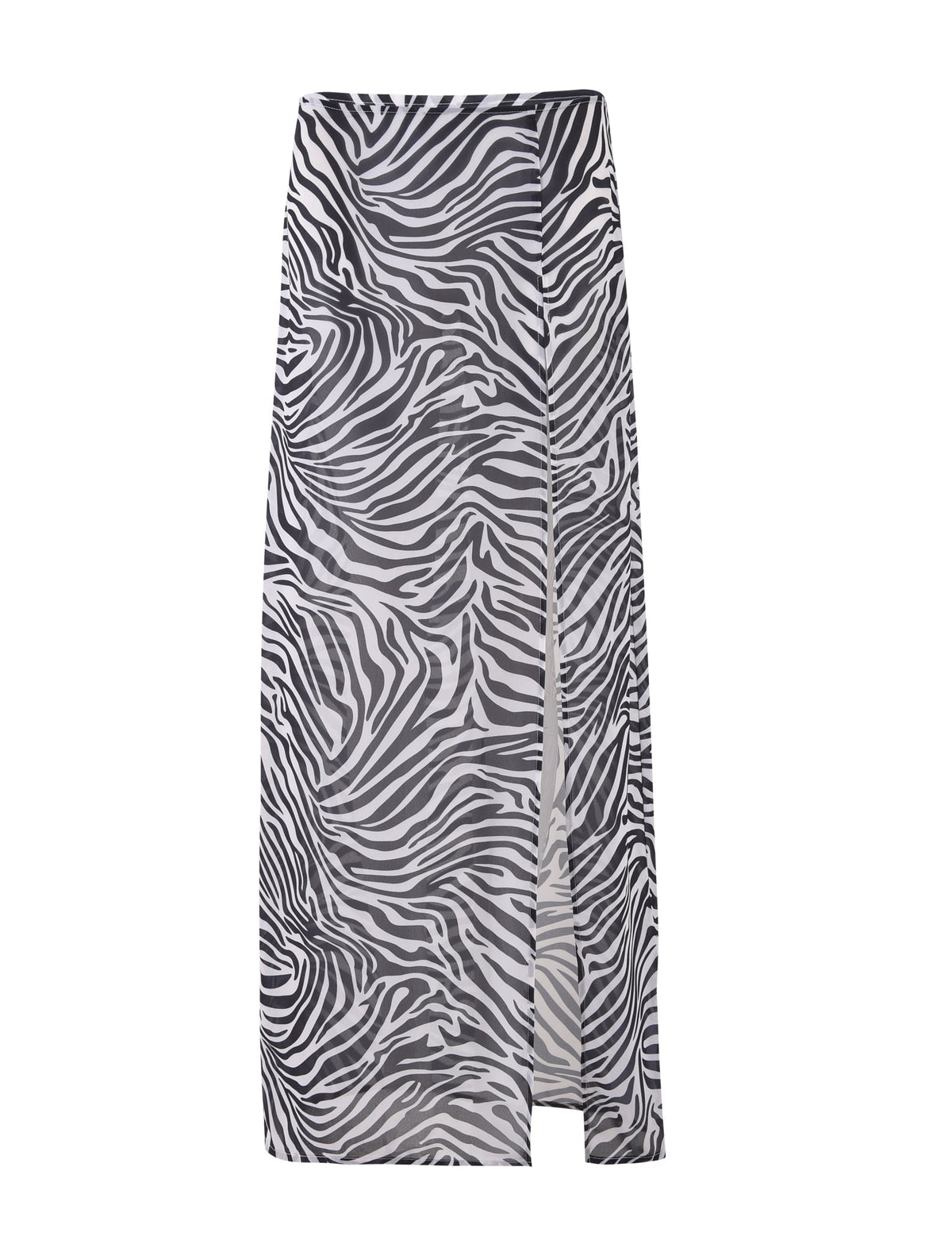 The AYESHA SKIRT - BLACK: ZEBRA from TIGERMIST showcases a black and white zebra print pattern. This long skirt features a straight design with a subtle slit on the front right side.