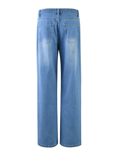 A pair of mid-blue VEGA JEAN from TIGERMIST displayed from the back. The jeans feature a high waist, wide legs, and two back pockets. The denim has a slightly faded effect, particularly around the seat and thigh areas. The jeans are neatly pressed and unworn.