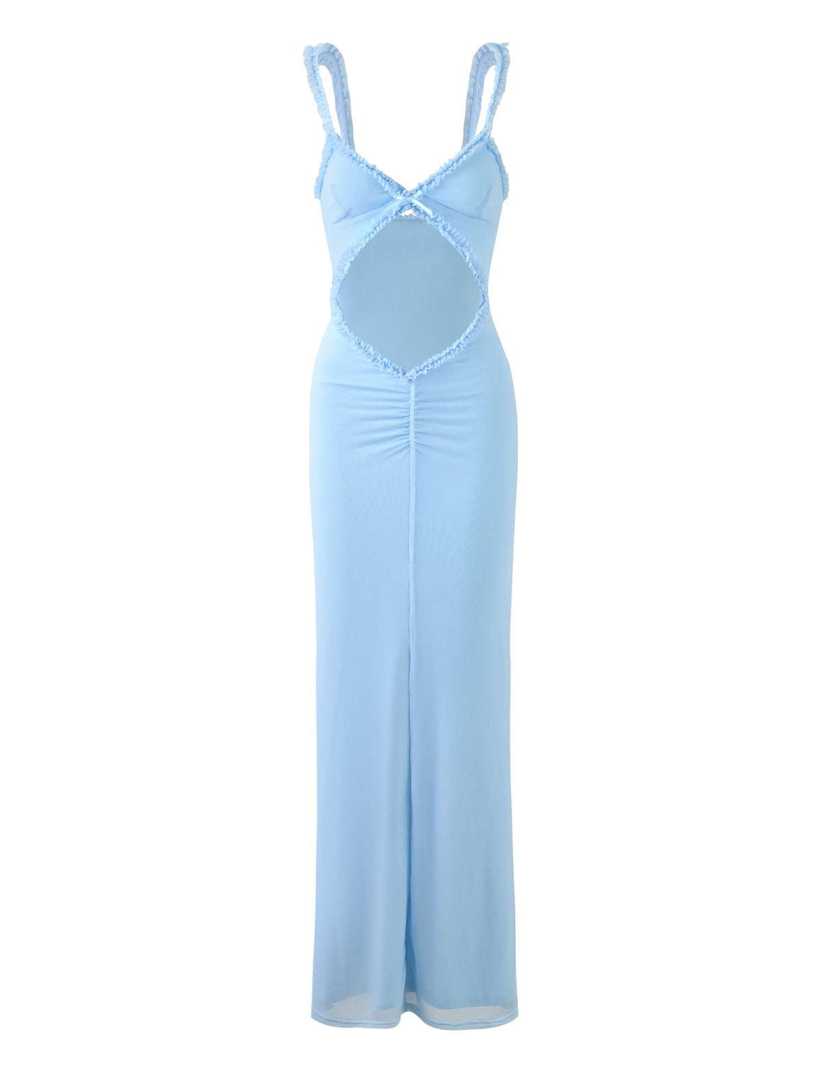 The RAYLA DRESS - BLUE from TIGERMIST is a pastel blue, sleeveless maxi dress with ruffled straps. It features a keyhole cutout in the front torso area and has slight ruching down the center. The fabric appears light and flowy, making it ideal for warm weather.
