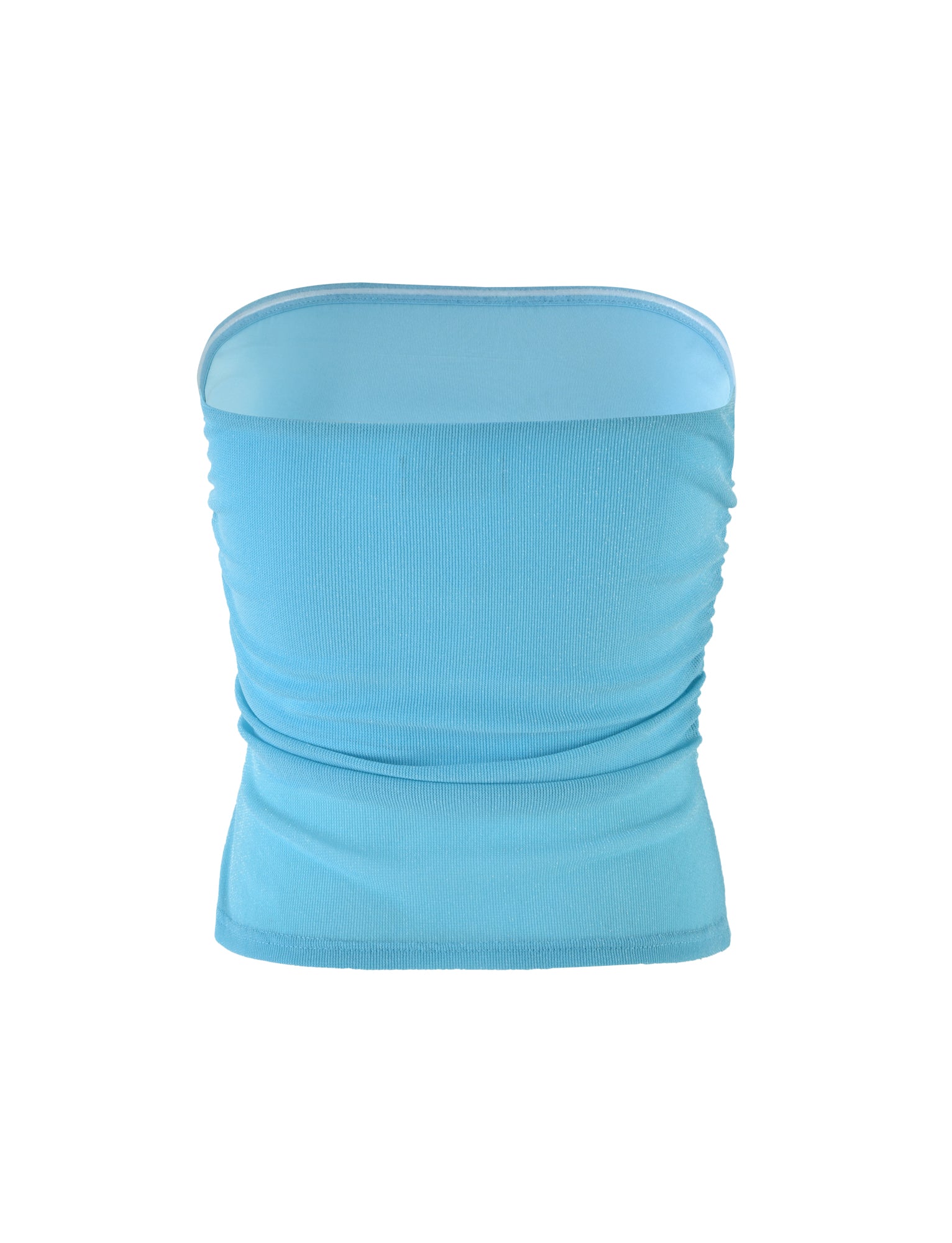 The HARRIETT TUBE TOP - BLUE SPARKLE from TIGERMIST, displayed on a white background, features a snug, stretchy fit with slight ruched detailing on the sides and a smooth, elastic band along the top edge. This blue strapless tube top is perfect for casual or summer wear.