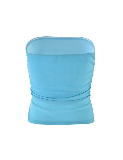 The HARRIETT TUBE TOP - BLUE SPARKLE from TIGERMIST, displayed on a white background, features a snug, stretchy fit with slight ruched detailing on the sides and a smooth, elastic band along the top edge. This blue strapless tube top is perfect for casual or summer wear.
