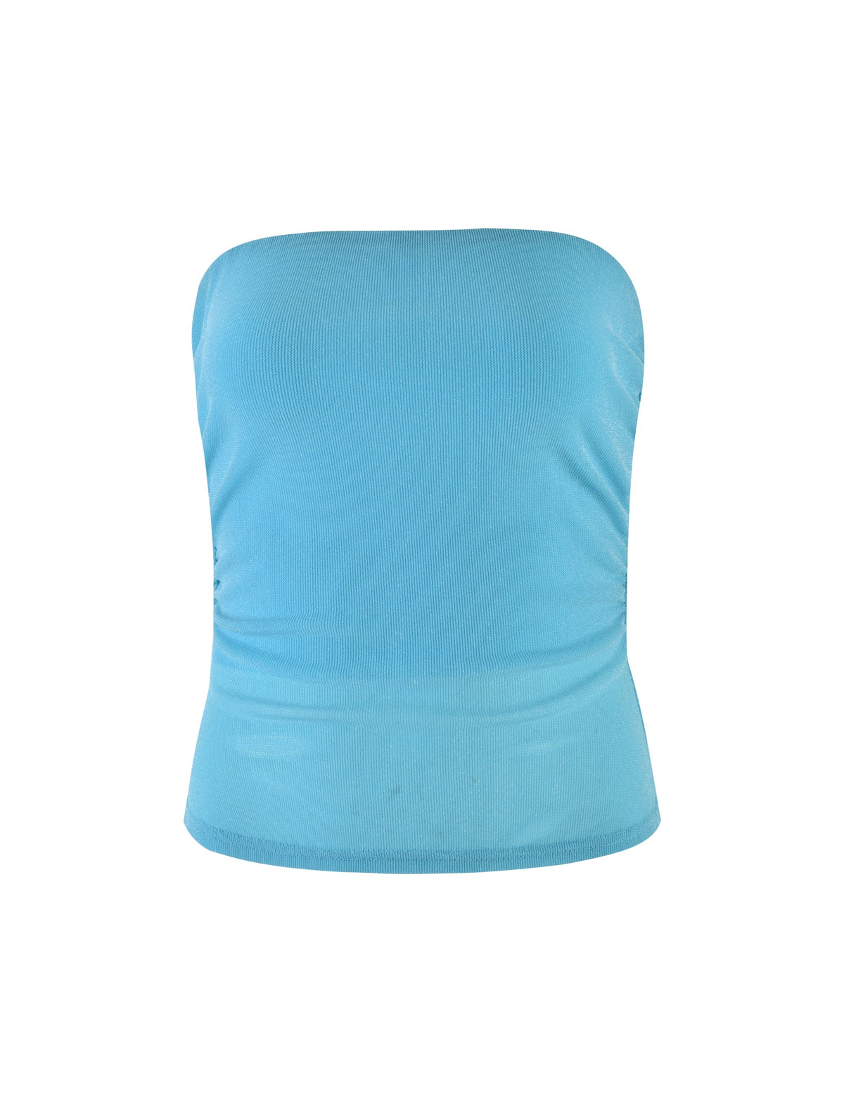 A light blue, strapless tube top from TIGERMIST, named the HARRIETT TUBE TOP - BLUE: BLUE SPARKLE, is pictured against a white background. The top features a smooth, fitted design with subtle ruching along the sides.