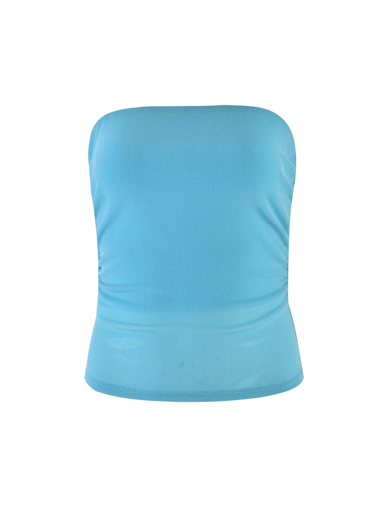 A light blue, strapless tube top from TIGERMIST, named the HARRIETT TUBE TOP - BLUE: BLUE SPARKLE, is pictured against a white background. The top features a smooth, fitted design with subtle ruching along the sides.