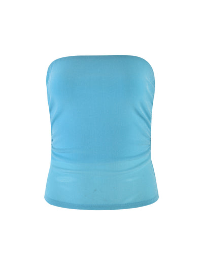 A light blue, strapless tube top from TIGERMIST, named the HARRIETT TUBE TOP - BLUE: BLUE SPARKLE, is pictured against a white background. The top features a smooth, fitted design with subtle ruching along the sides.