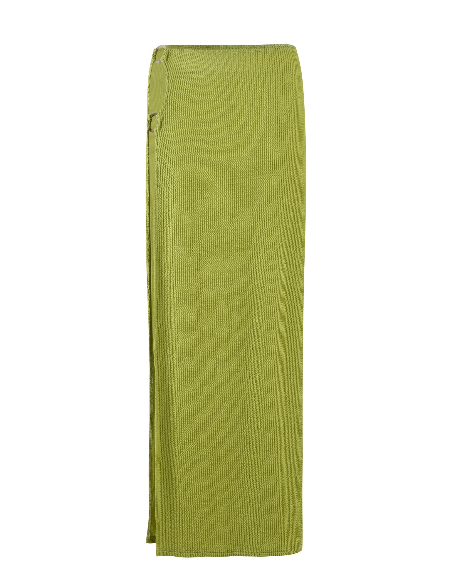 Introducing the NEERA MAXI SKIRT - LIME GREEN by TIGERMIST, a long knit skirt in an olive green hue. It features a ribbed texture, a side slit, and a decorative ring detail at the waist. Designed with a straight, streamlined silhouette, this skirt extends to ankle length.