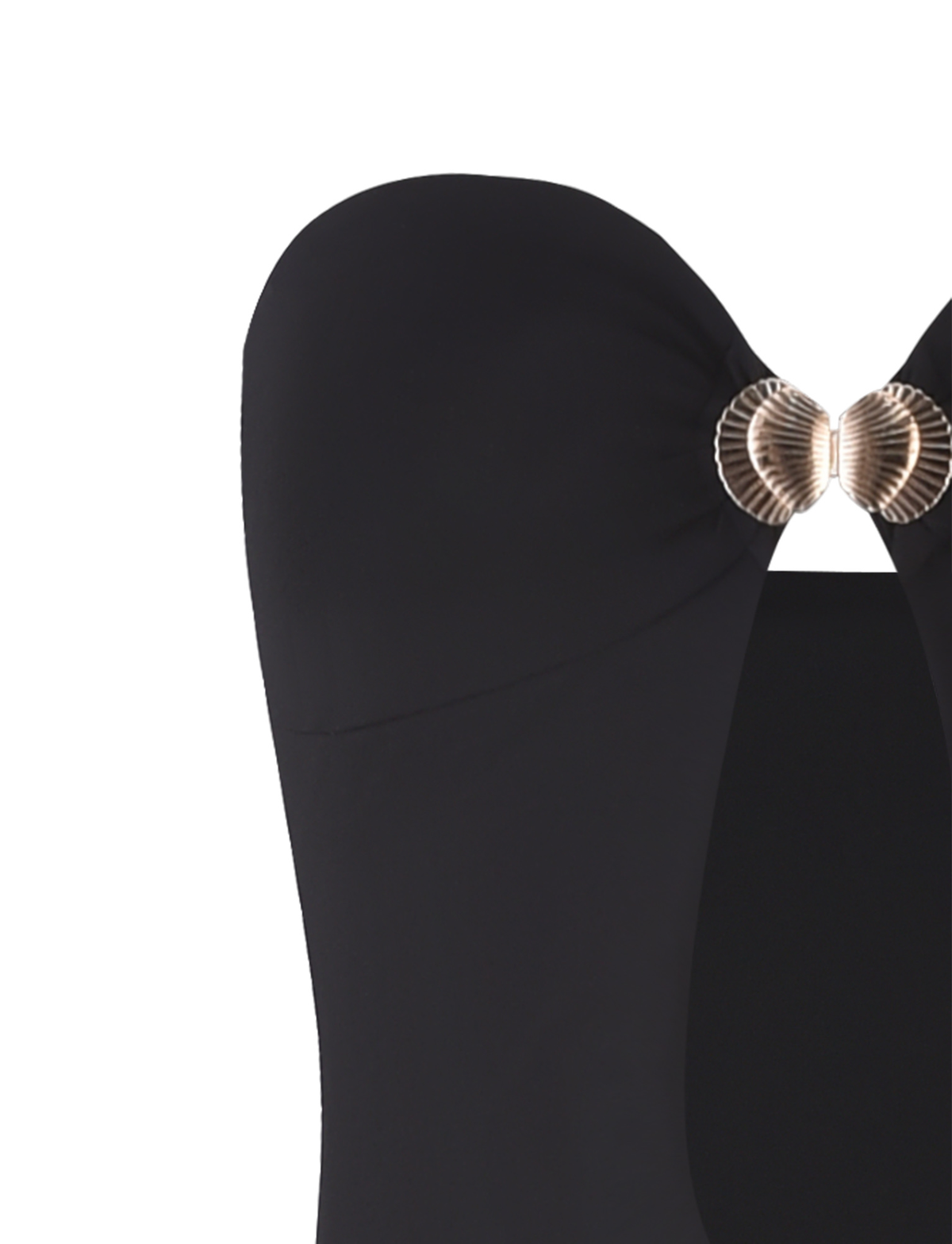A close-up of the TIGERMIST CECILY MAXI DRESS in black, showcasing a gold shell-shaped accent at the center and a flattering sweetheart neckline.