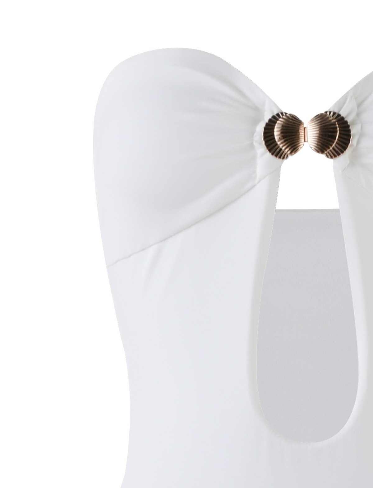 The CECILY MAXI DRESS by TIGERMIST is a white strapless dress with a sweetheart neckline, metallic gold shell-shaped accents at the bust, and slight ruching for a flattering fit.