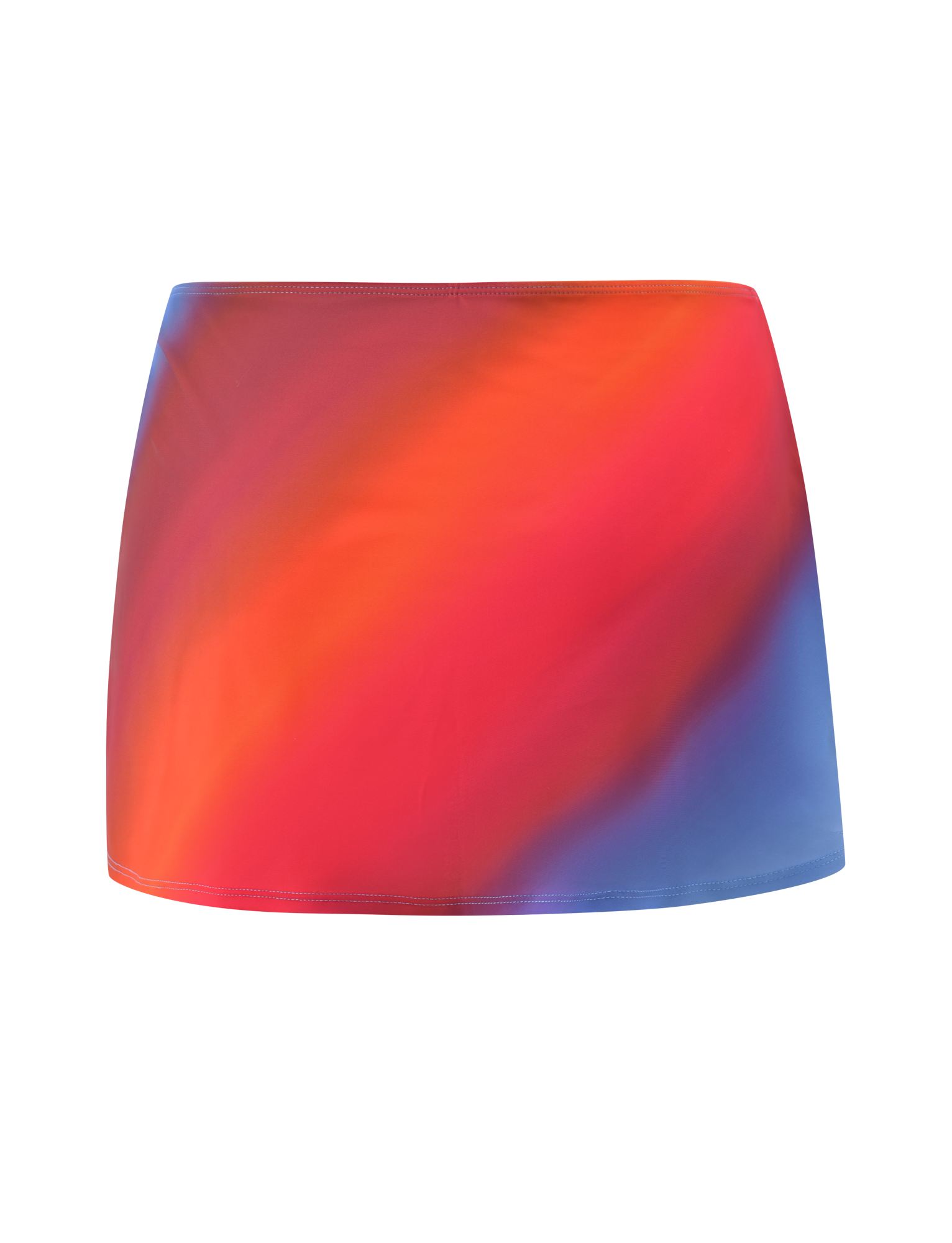 The DIANA SWIM SKIRT SET by TIGERMIST showcases a vibrant ombre stripe in red, orange, pink, and blue blending diagonally on a white background.