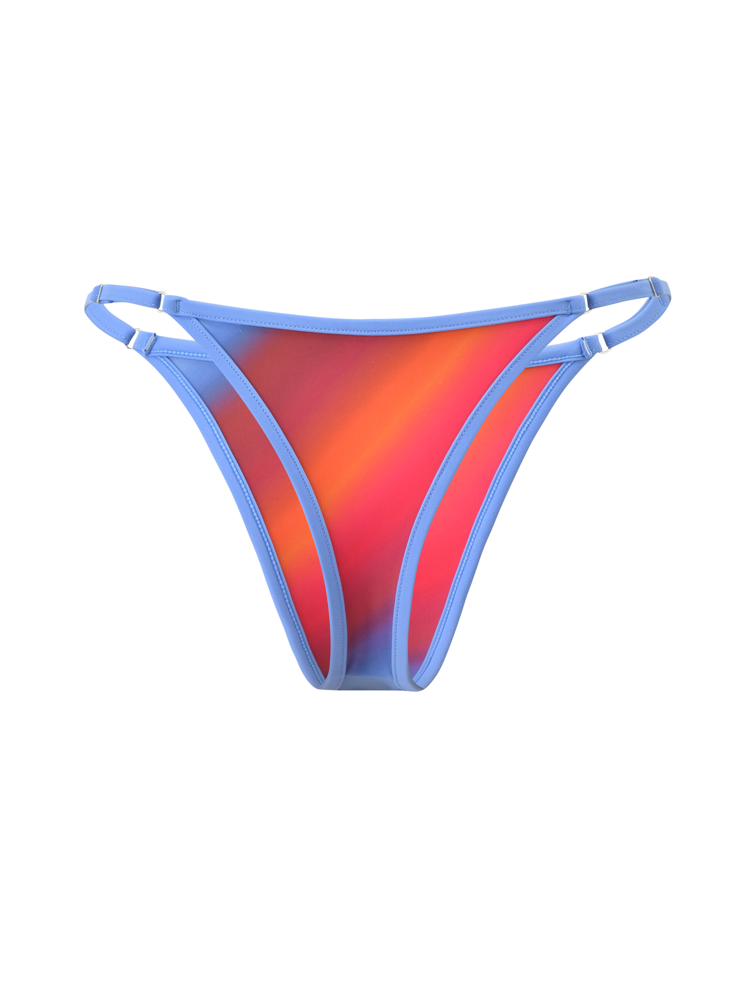 The TIGERMIST DIANA SWIM SKIRT SET - CIELO OMBRE features a bikini bottom with light blue trim, double side straps, and an ombre stripe pattern in red, orange, and pink on a plain white background.