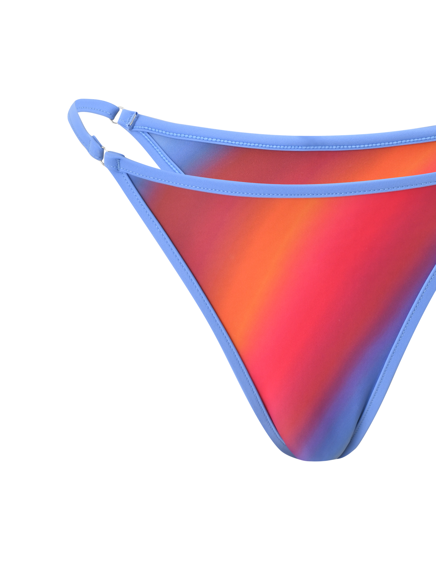 A close-up of the TIGERMIST DIANA SWIM SKIRT SET - CIELO OMBRE, featuring a gradient design in red, orange, and blue with light blue trim and double side straps against a plain white background.