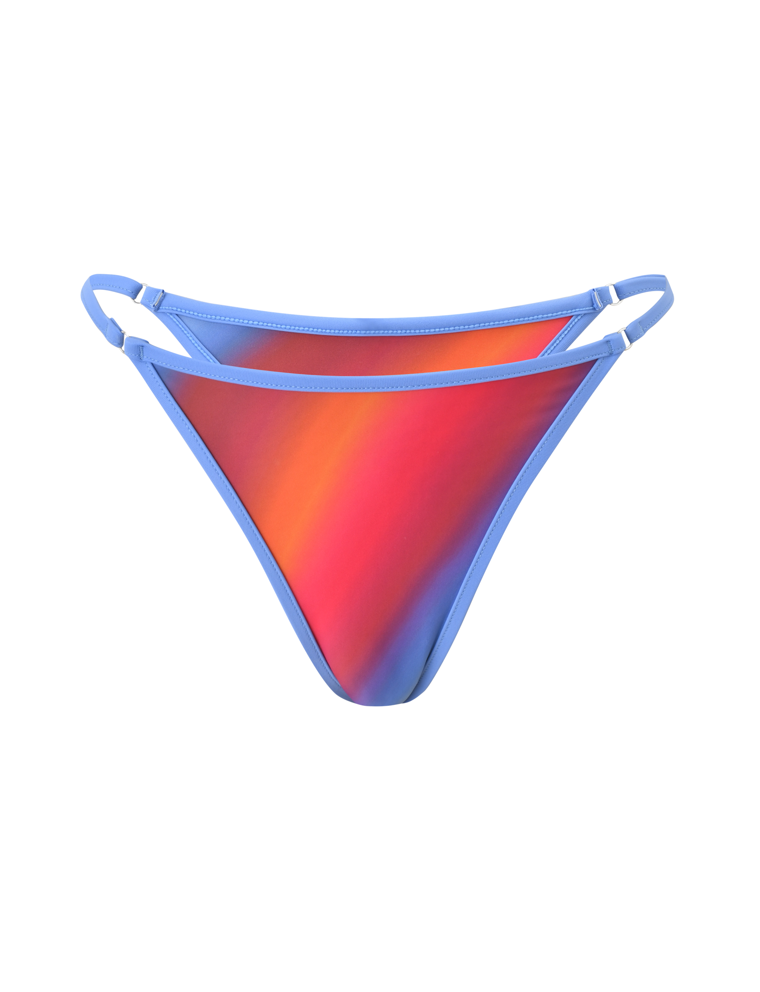 The TIGERMIST DIANA SWIM SKIRT SET - CIELO OMBRE features a bikini bottom with red, orange, and blue ombre stripes and light blue double side straps, shown on a plain white background.