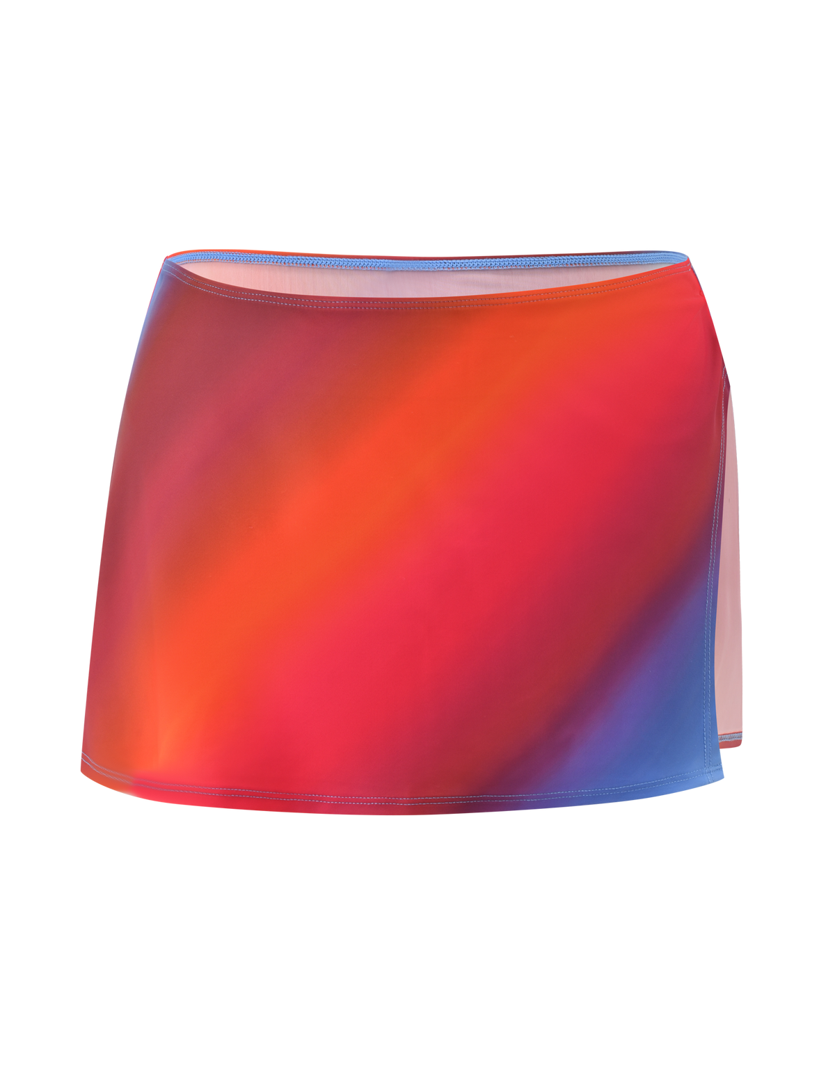 The TIGERMIST DIANA SWIM SKIRT SET - CIELO OMBRE features a short, fitted skirt with a smooth ombre stripe design in red, orange, pink, and blue on white, plus a sleek silhouette and subtle side slit for modern style.