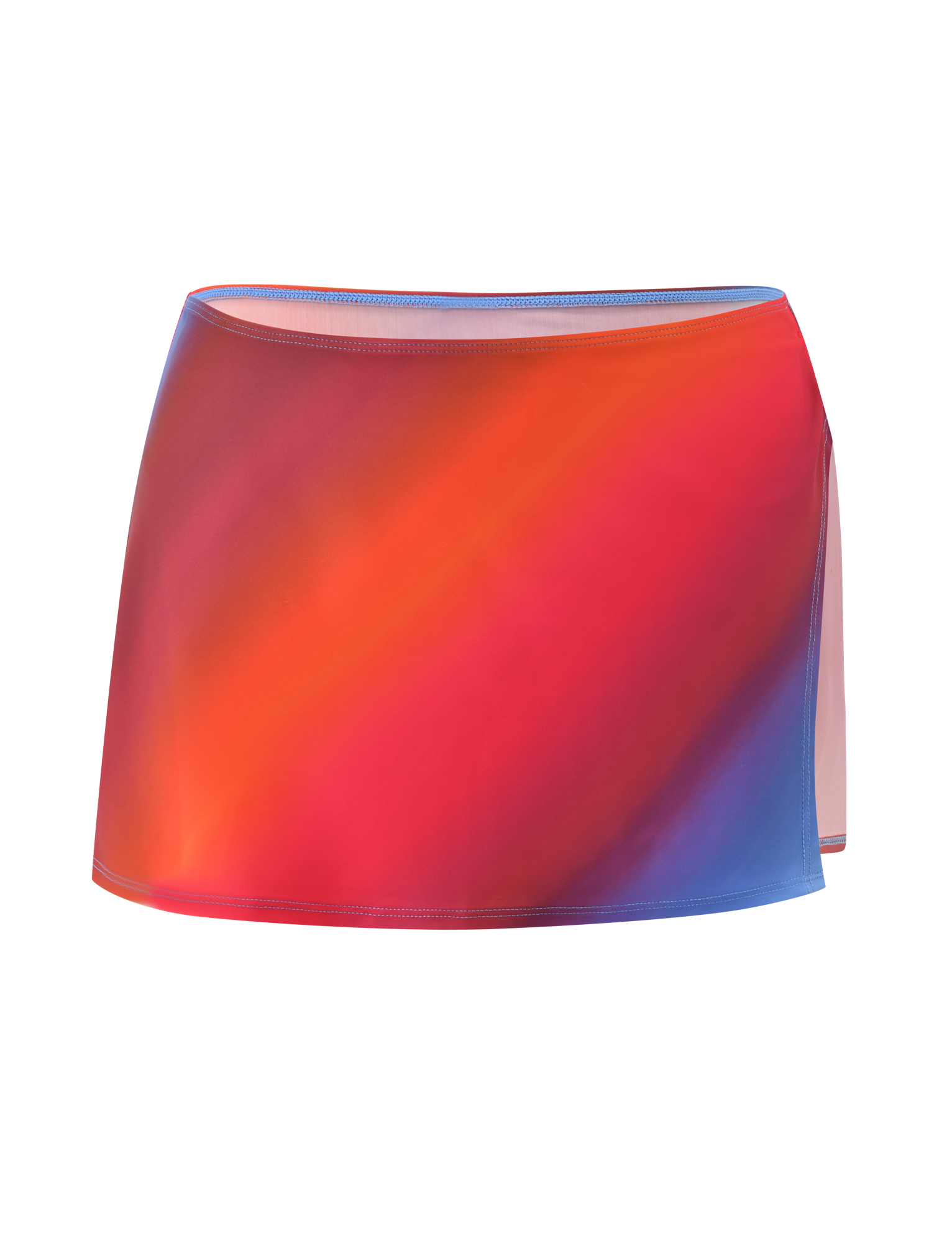 The TIGERMIST DIANA SWIM SKIRT SET - CIELO OMBRE features a short, fitted skirt with a smooth ombre stripe design in red, orange, pink, and blue on white, plus a sleek silhouette and subtle side slit for modern style.