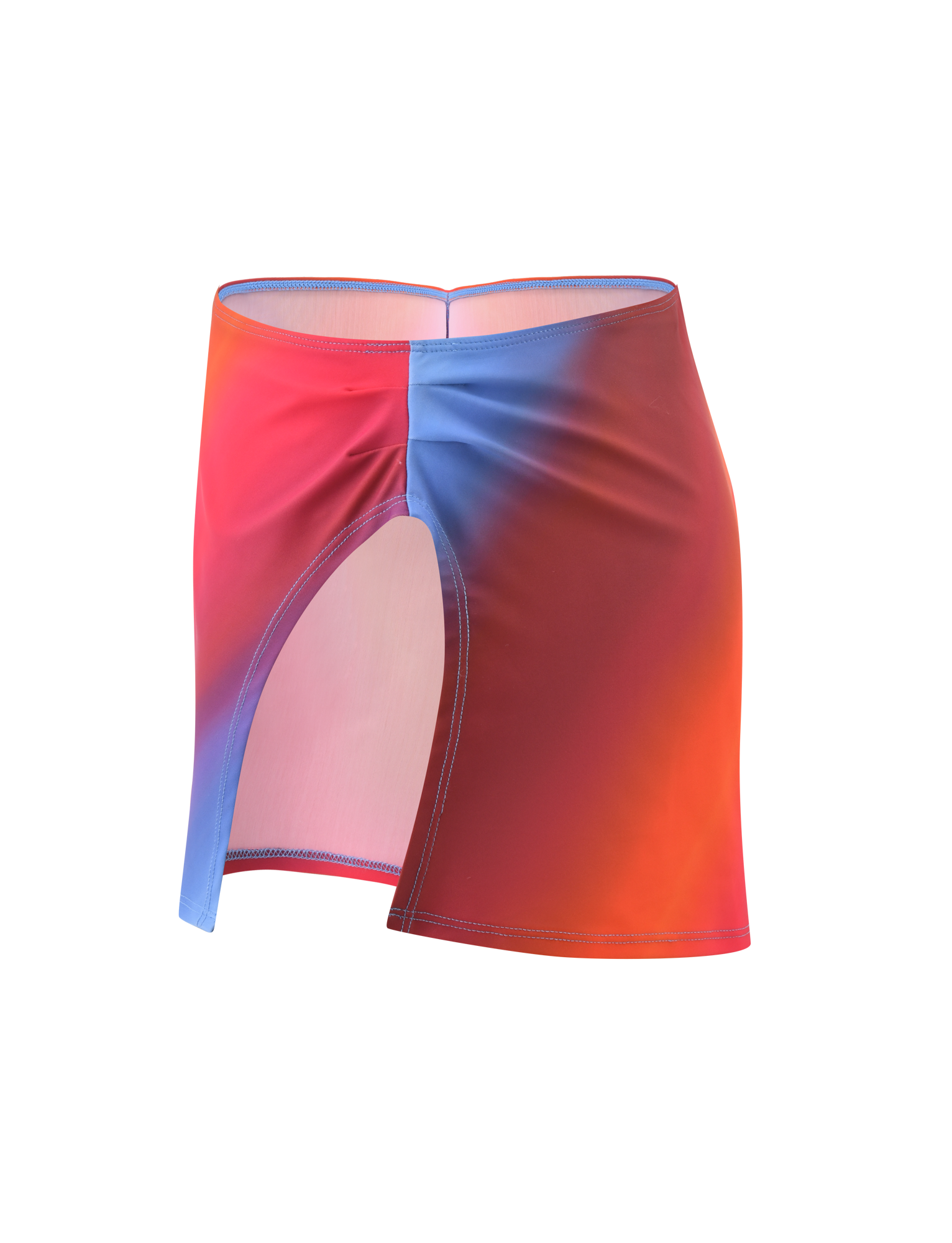 The TIGERMIST DIANA SWIM SKIRT SET in CIELO OMBRE features a short, fitted swim skirt with a side slit and an ombre stripe gradient of red, blue, and orange hues, shown on a plain white background.