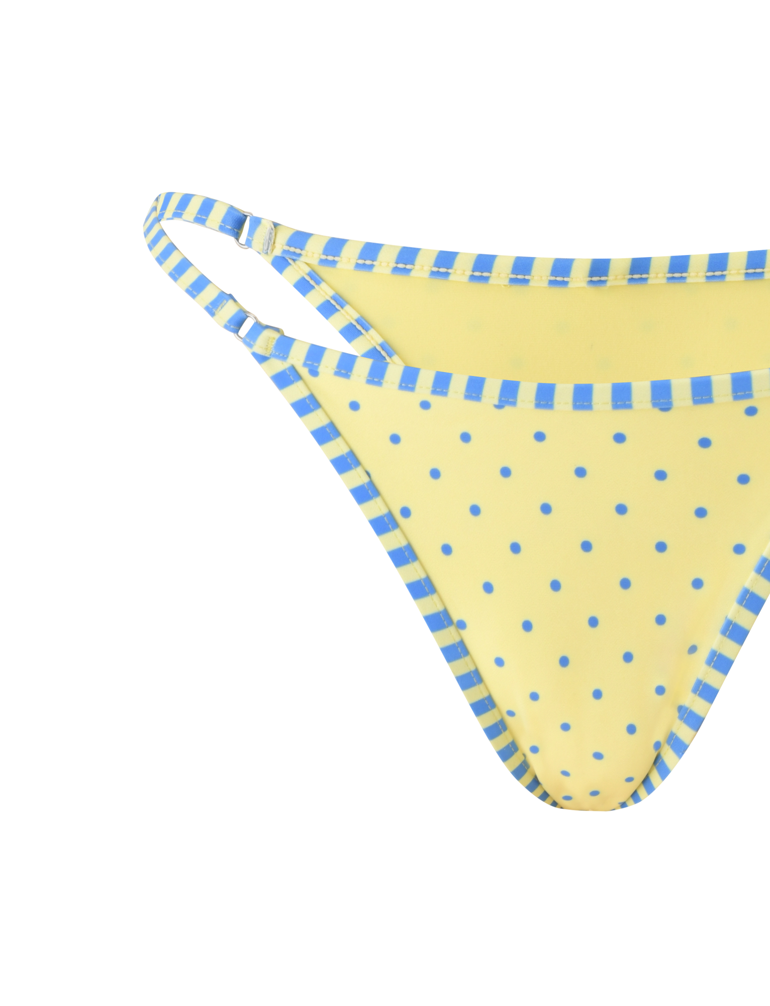 A close-up of the TIGERMIST DIANA SWIM SKIRT SET in Lemon and Blueberry Spot, featuring yellow polka dots with blue-and-white striped trim and waistband, set against a plain white background.