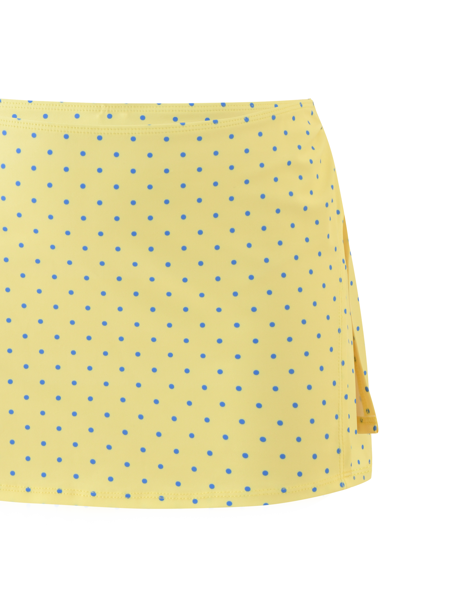 The DIANA SWIM SKIRT SET - LEMON AND BLUEBERRY SPOT by TIGERMIST features a yellow skirt with blue polka dots and a small side slit, displayed against a plain white background.
