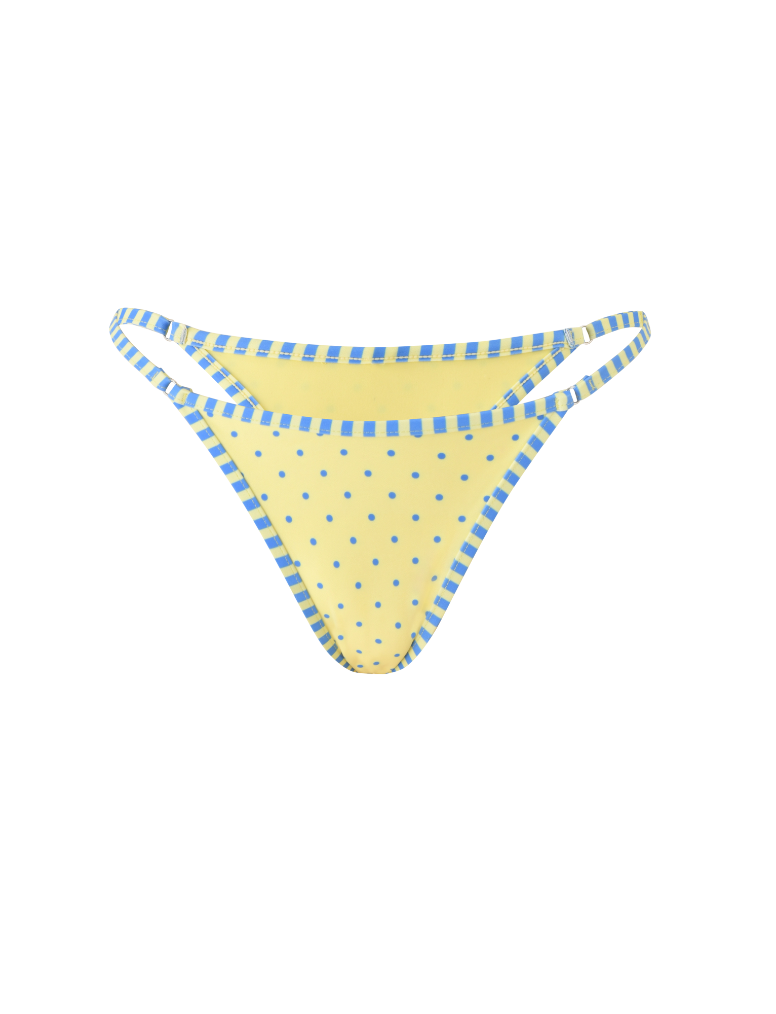The TIGERMIST DIANA SWIM SKIRT SET - LEMON AND BLUEBERRY SPOT features a yellow polka dot bikini bottom with blue-and-yellow striped trim and straps, shown against a plain white background.