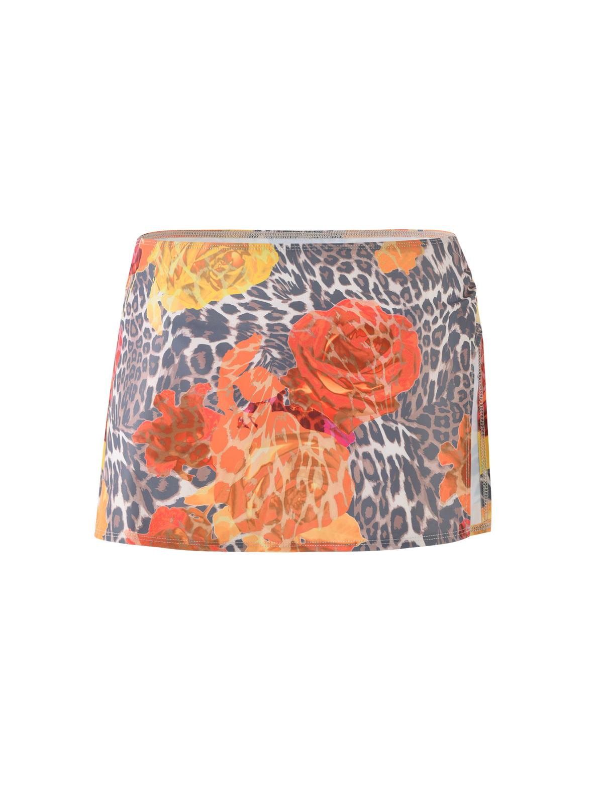 The TIGERMIST DIANA TWO-PIECE BIKINI BOTTOM in multi orange leopard showcases a bold orange leopard print with yellow floral accents on a grey and black base, displayed against a white backdrop.