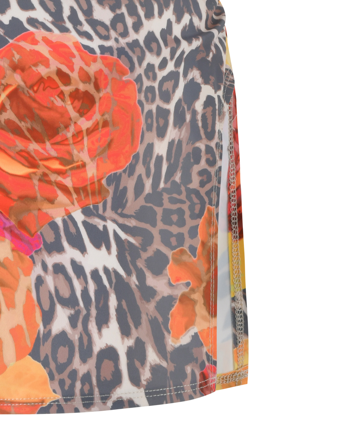 A close-up of the TIGERMIST DIANA TWO-PIECE BIKINI BOTTOM - MULTI : LEOPARD : ORANGE LEOPARD shows a bold leopard print in gray, black, and beige with vibrant orange and red floral accents on one side.