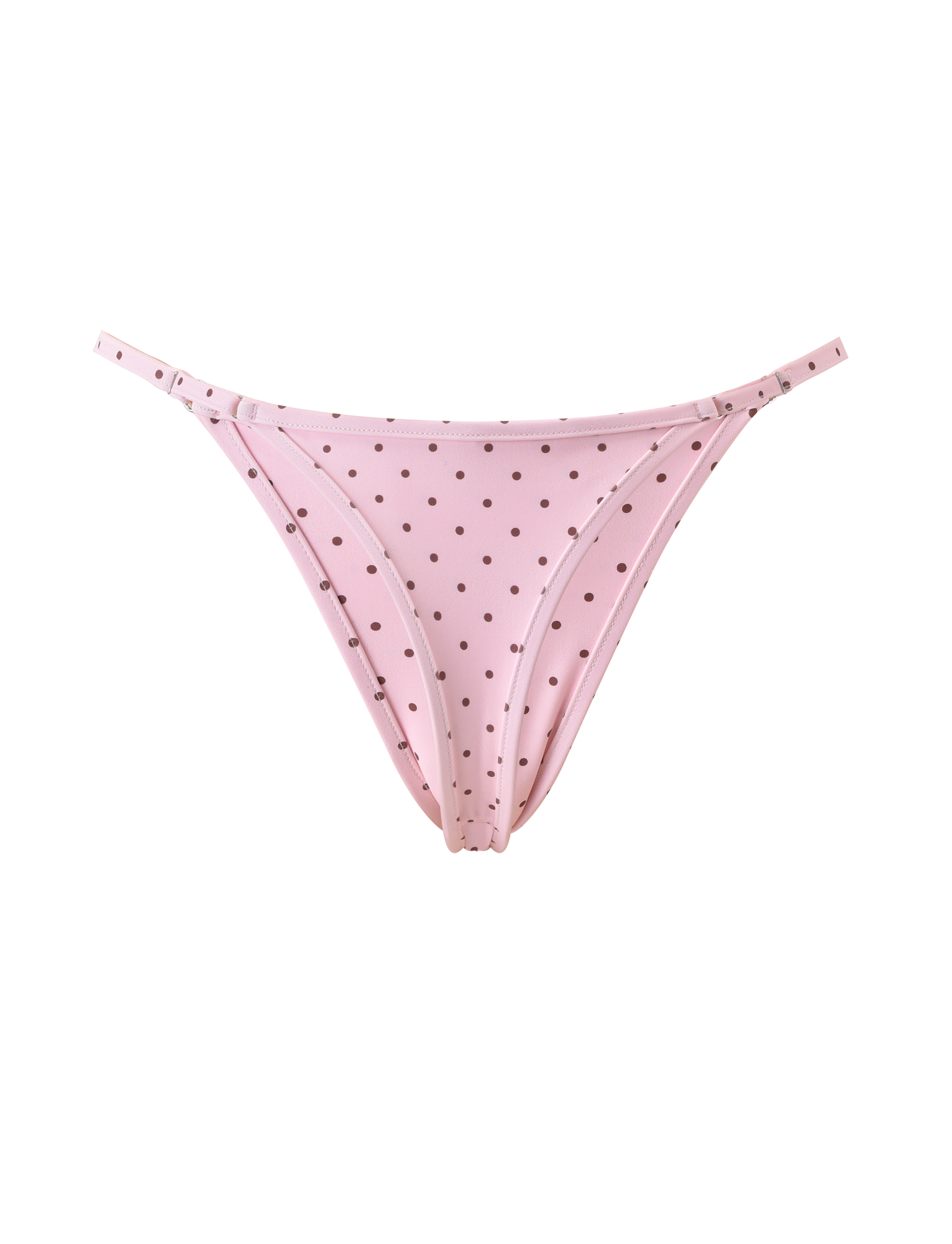The DIANA SWIM SKIRT SET - PINK POLKA DOT by TIGERMIST features a bikini-style bottom with thin side straps and evenly spaced black polka dots, shown on a plain white background.