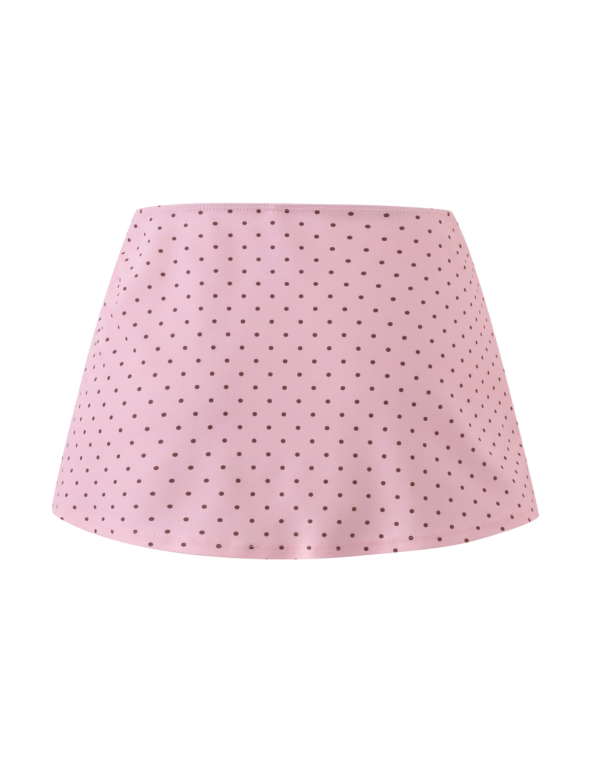 The TIGERMIST DIANA SWIM SKIRT SET in pink polka dot features an A-line mini skirt styled like a swim skirt with small black dots, shown on a white background.