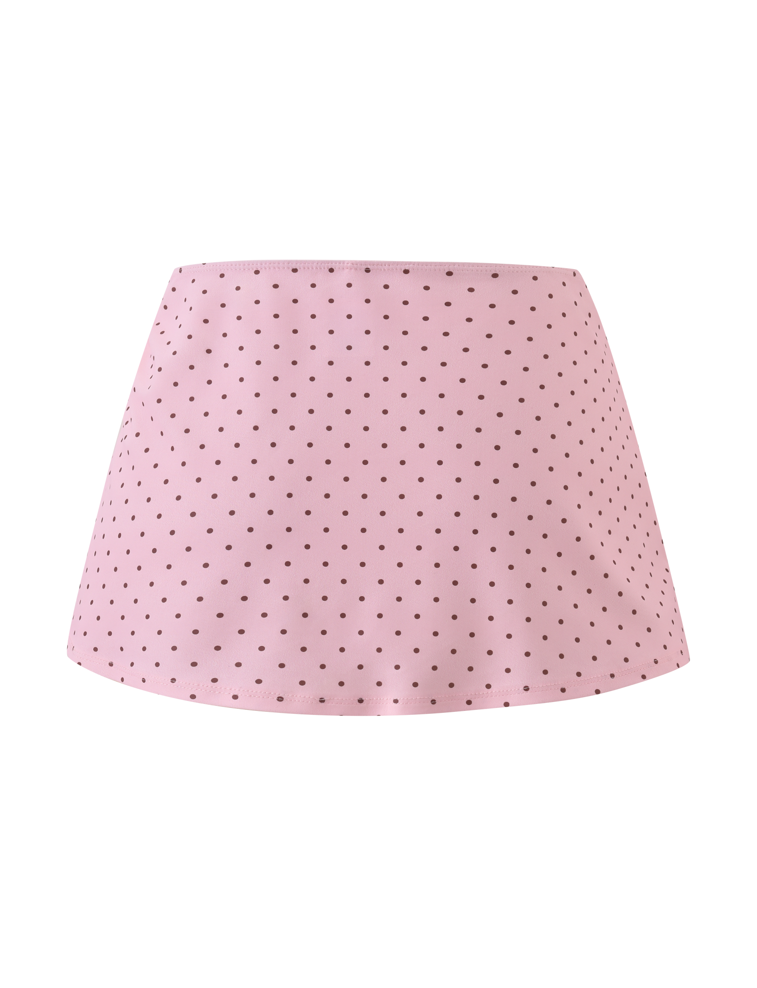 The TIGERMIST DIANA SWIM SKIRT SET in pink polka dot features an A-line mini skirt styled like a swim skirt with small black dots, shown on a white background.