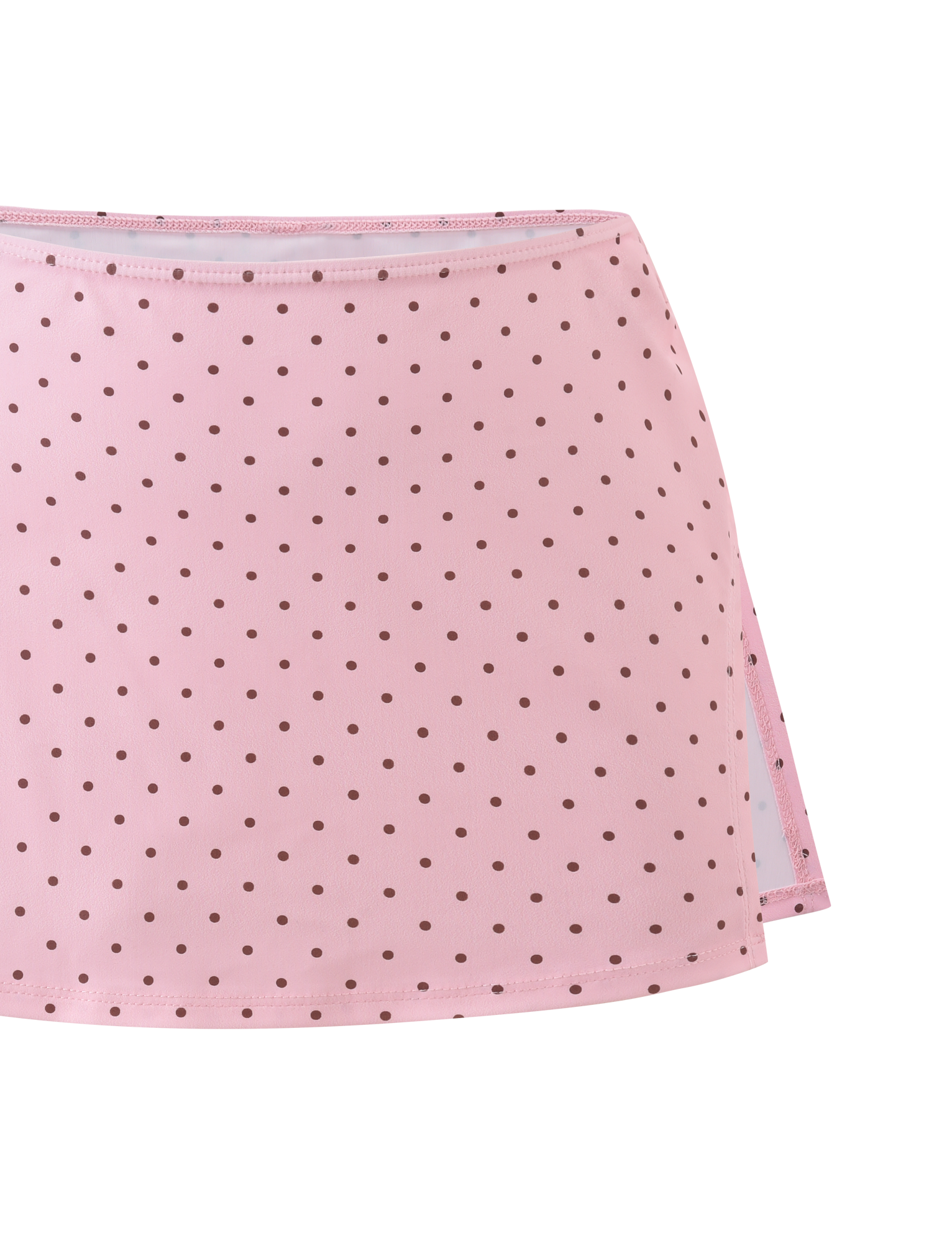 The TIGERMIST DIANA SWIM SKIRT SET in pink polka dot features small brown spots and a side slit, showcased on a plain white background.
