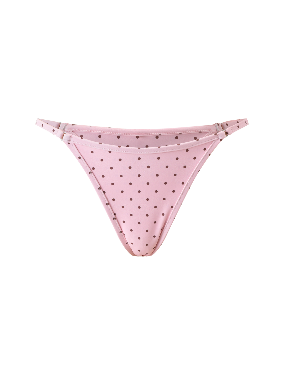 The TIGERMIST DIANA SWIM SKIRT SET in pink polka dot features a light pink bikini bottom with thin side straps and small brown polka dots, shown on a plain white background.