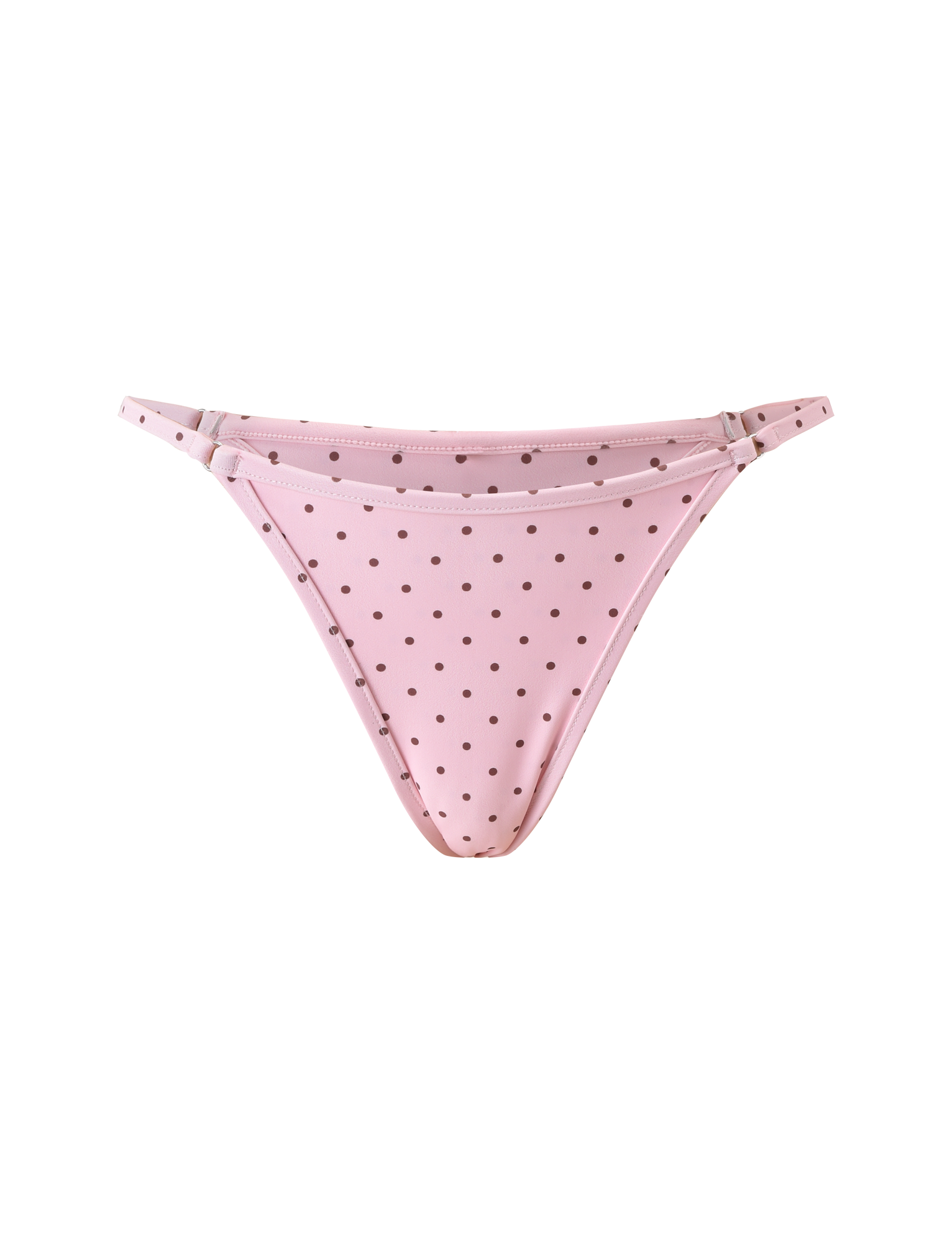 The TIGERMIST DIANA SWIM SKIRT SET in pink polka dot features a light pink bikini bottom with thin side straps and small brown polka dots, shown on a plain white background.