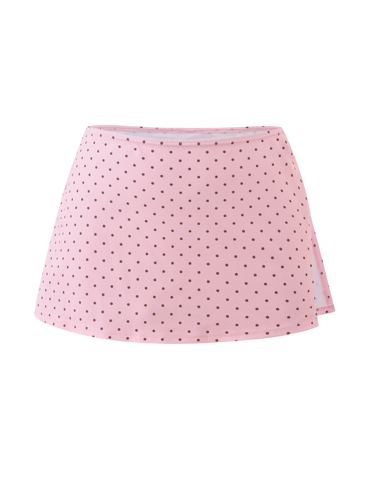 The DIANA SWIM SKIRT SET - PINK POLKA DOT by TIGERMIST features a playful A-line mini skirt with pink polka dots, shown against a plain white background.