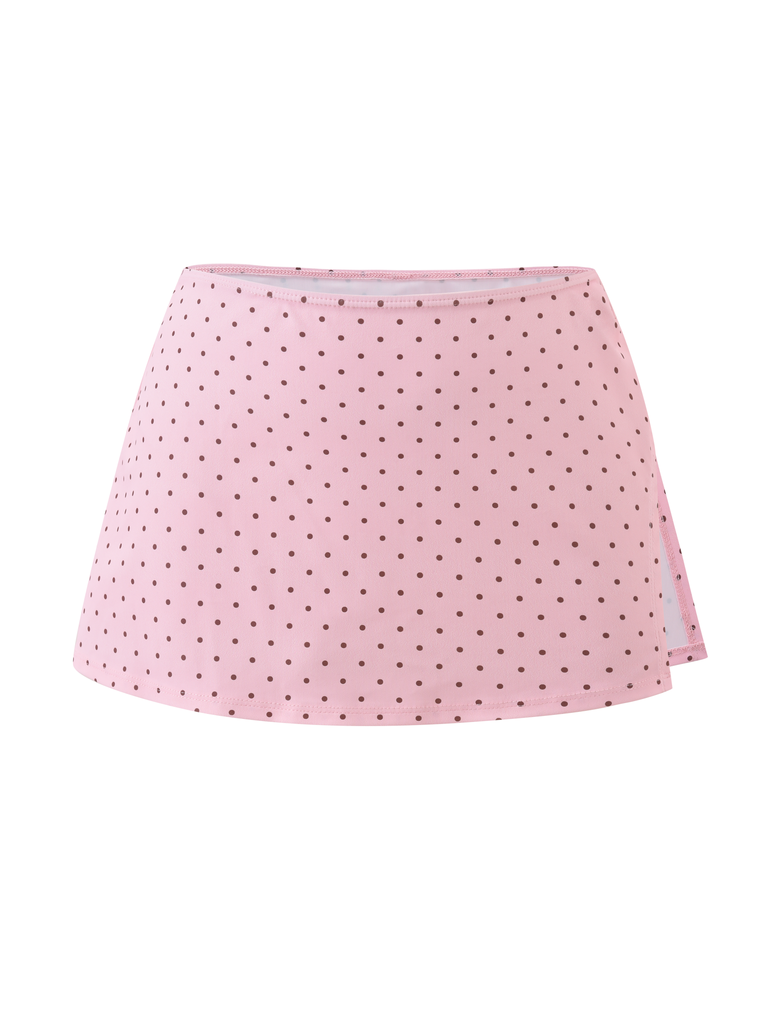 The DIANA SWIM SKIRT SET - PINK POLKA DOT by TIGERMIST features a playful A-line mini skirt with pink polka dots, shown against a plain white background.