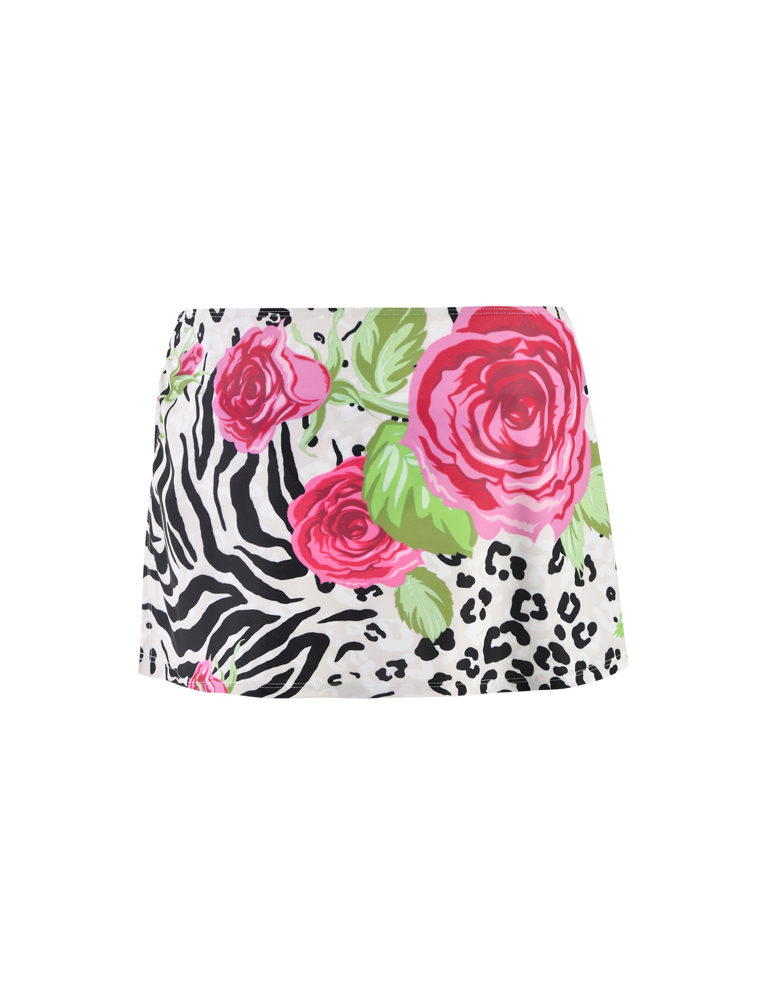 The DIANA TWO-PIECE SWIM BOTTOM - MULTI : ZEBRA by TIGERMIST features a bold, mixed print design. The bottom showcases large pink roses with green leaves combined with black and white zebra and leopard prints. The white background amplifies the vibrant designs, creating a striking contrast.