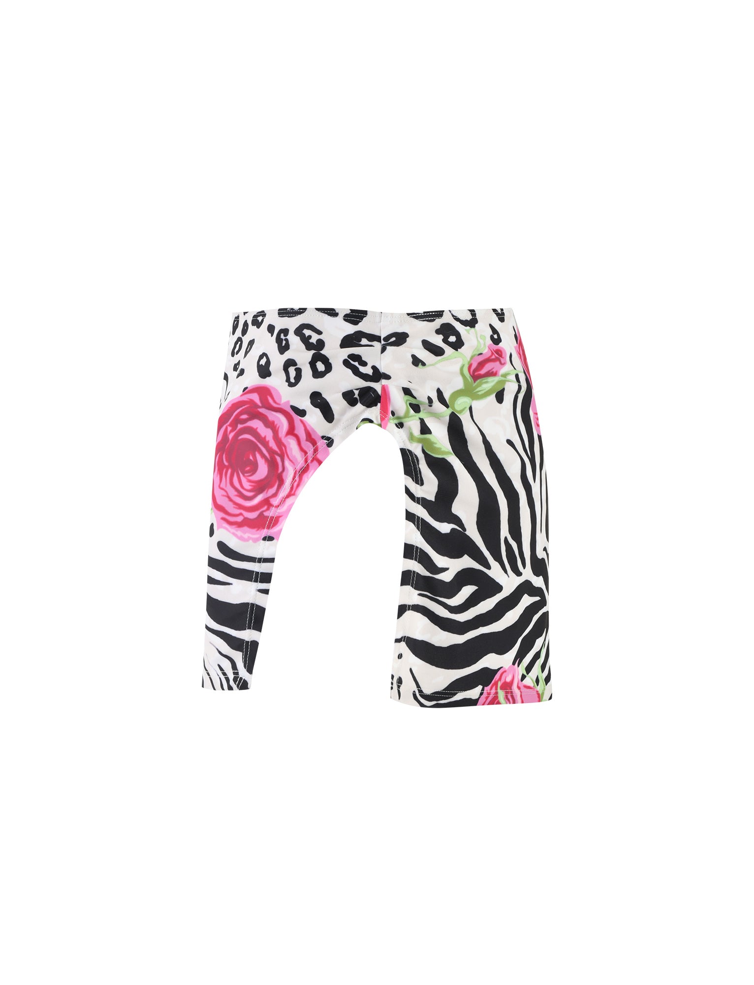 The DIANA TWO-PIECE SWIM BOTTOM - MULTI : ZEBRA from TIGERMIST showcases a bold print with zebra stripes, leopard spots, and large pink roses, creating a striking contrast and vibrant design.