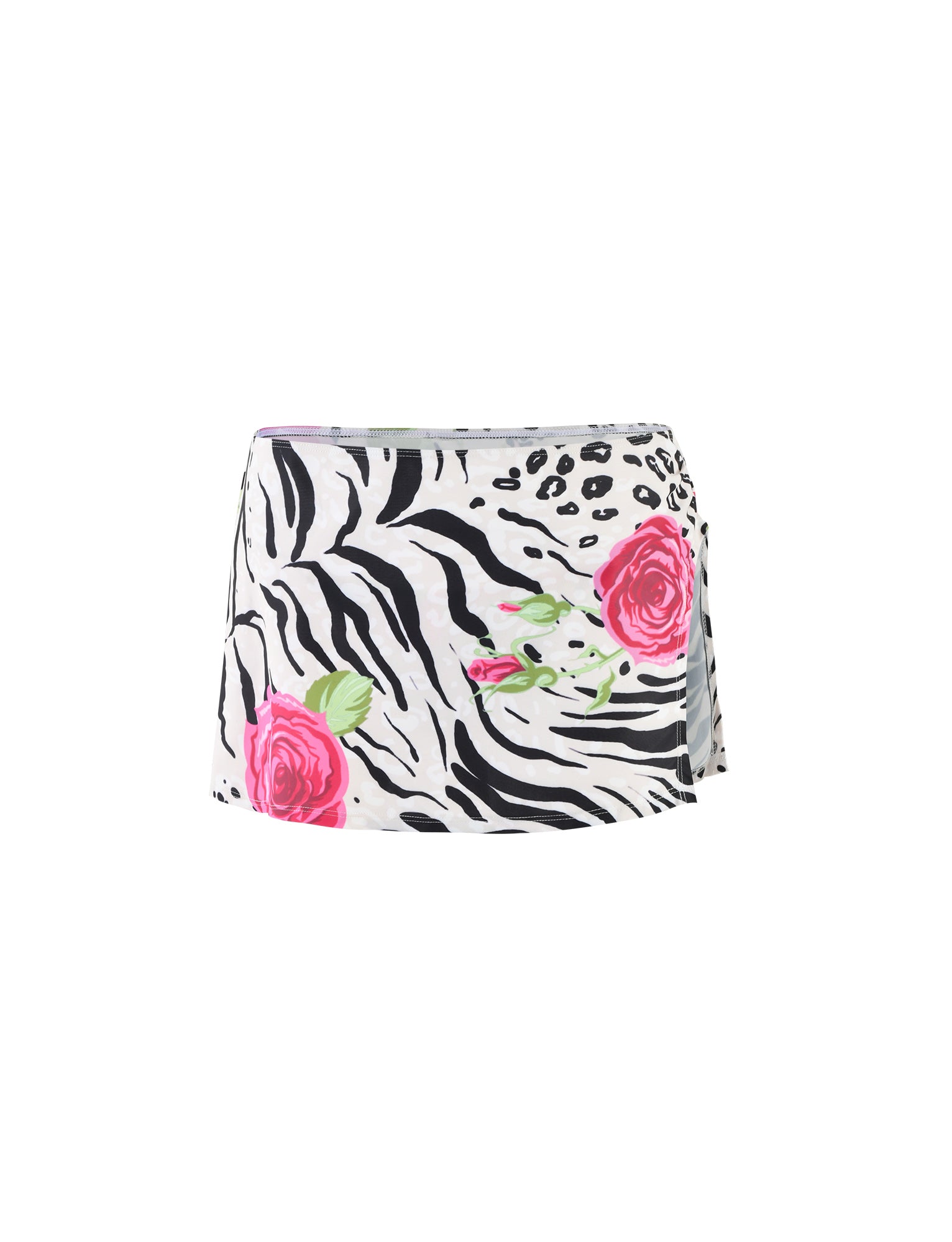 A vibrant TIGERMIST DIANA TWO-PIECE SWIM BOTTOM - MULTI: ZEBRA featuring a striking white and black zebra print with pink roses, this swim bottom includes a side slit for an added touch of style to its bold design.