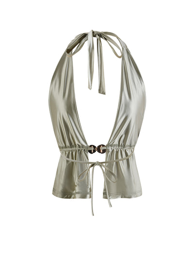 The HARDIE TOP - GREEN in Matcha Green from Tiger Mist features a silky light green material, a deep v-neckline, tie closure at the back of the neck, and a midriff tie. The top is accented with a small decorative ring at the center of the bust.