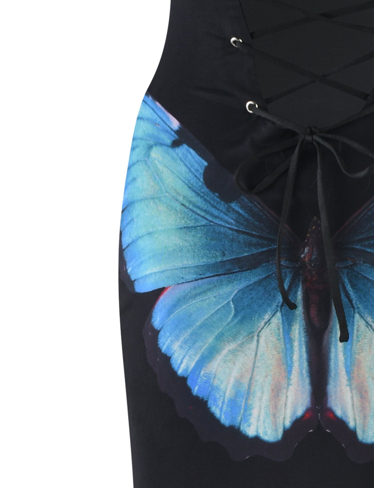 Close-up of a ZAHRAA DRESS - BLACK : BUTTERFLY by TIGERMIST, featuring a vibrant blue butterfly design. The dress has a lace-up detail with black laces crisscrossing through metallic eyelets near the neckline. The butterfly's wings are prominently displayed and centered on the fabric.