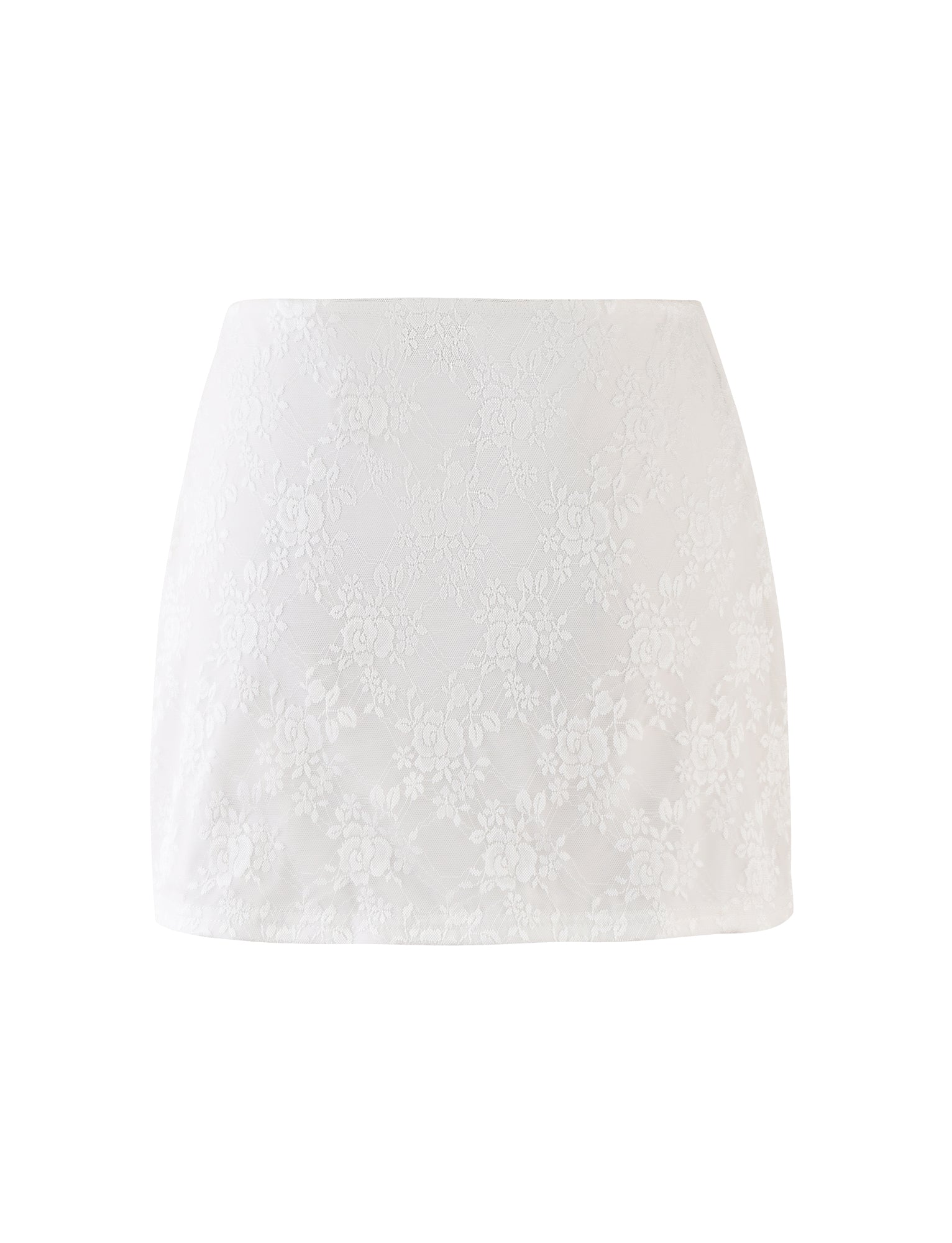 The Florian Skirt by Tigermist in white features a high-waisted, A-line silhouette embellished with a subtle floral lace pattern. Made from lightweight, semi-sheer fabric, this mini skirt combines simple elegance with delicate floral design.