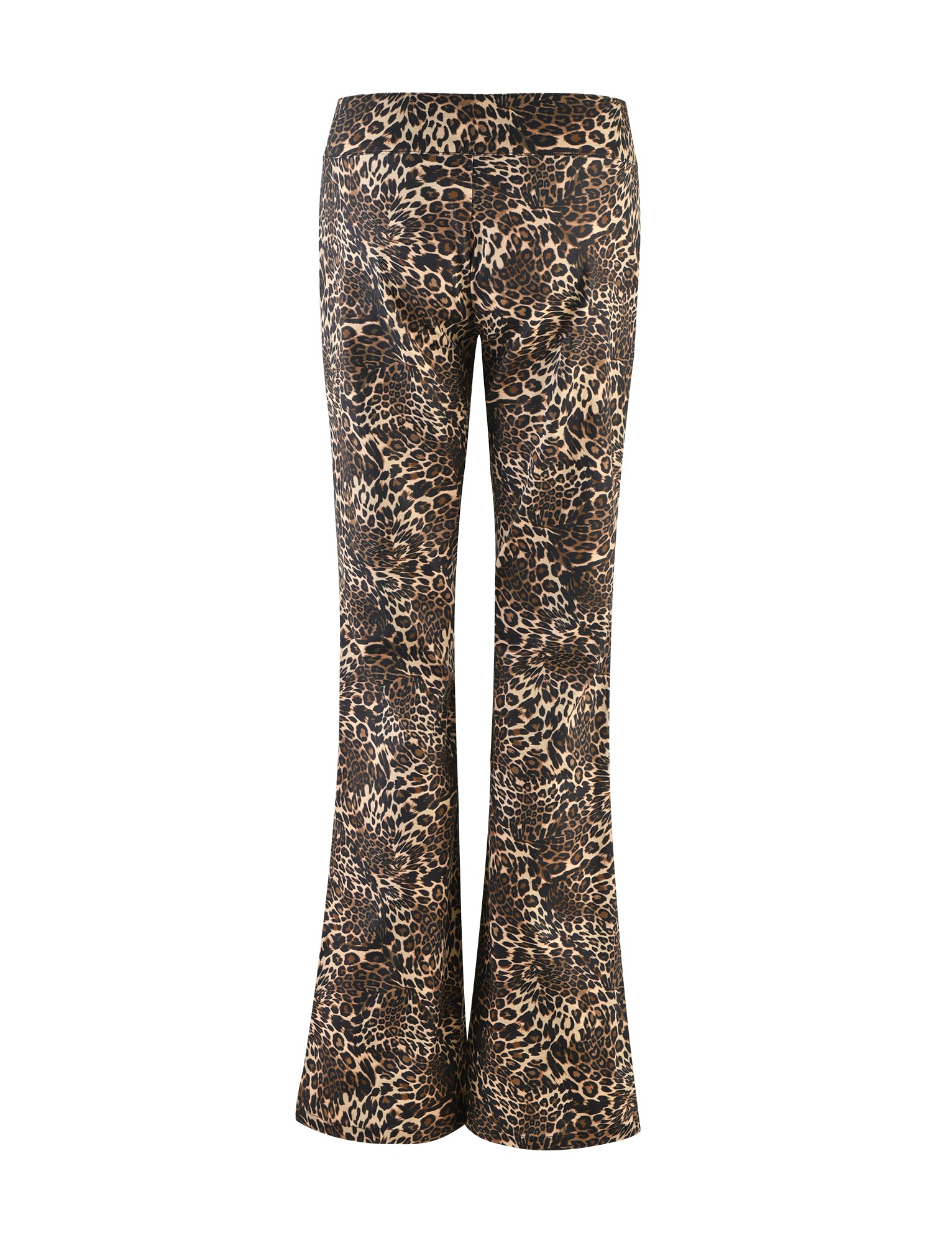 The VESPER PANT - MULTI : LEOPARD from TIGERMIST, showcased from the back, are predominantly brown with black and beige leopard spots. These high-waisted pants feature flared legs that widen towards the hem.
