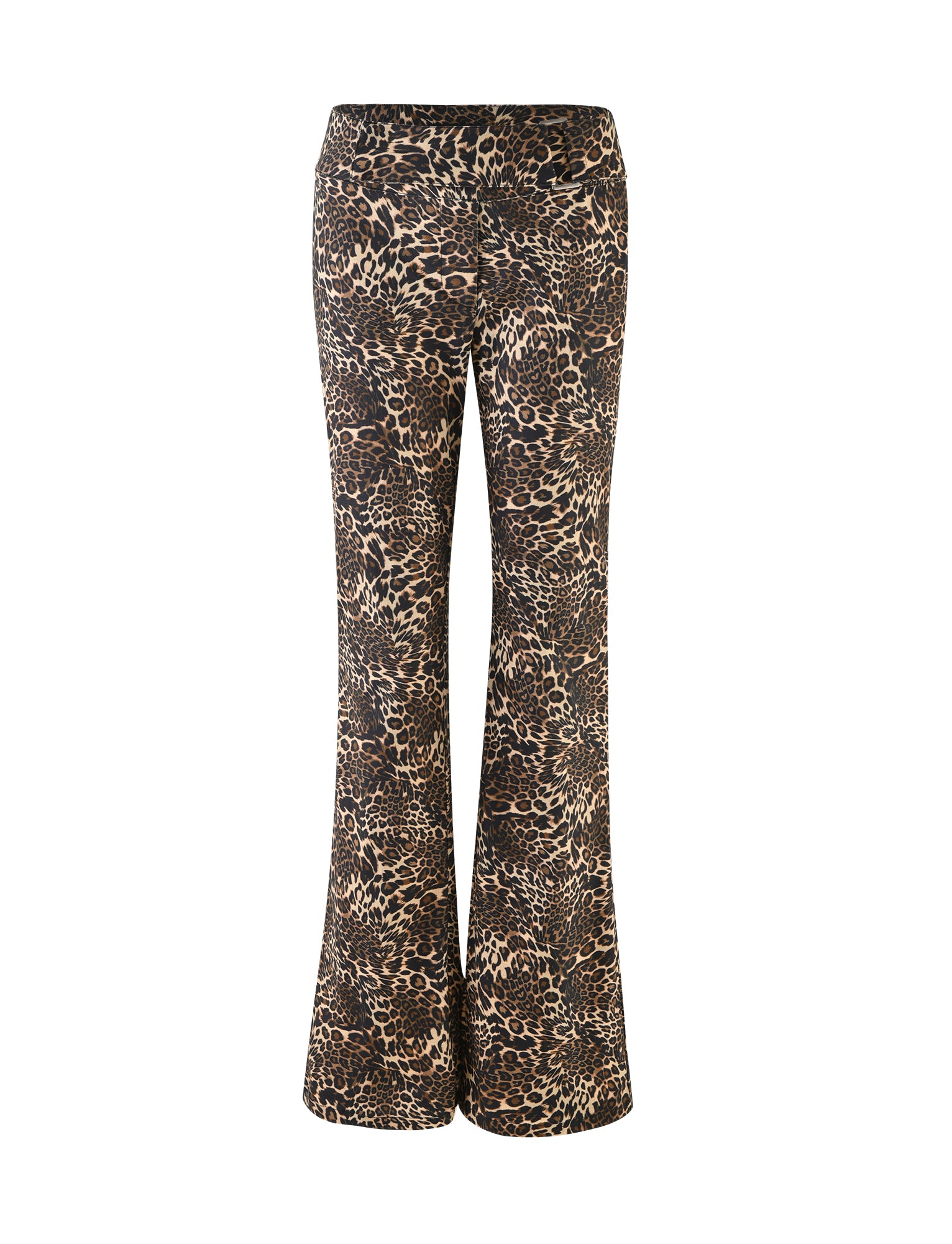 The VESPER PANT - MULTI : LEOPARD from TIGERMIST is a pair of high-waisted, flared pants featuring a bold leopard print pattern in shades of brown and black. The back view highlights the intricate animal print design.