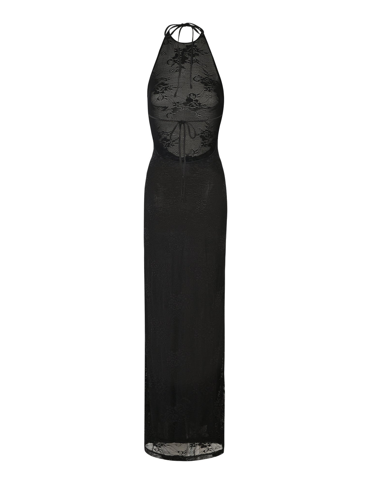 The LUCIA DRESS - BLACK : LACE from TIGERMIST is a sleeveless, floor-length dress featuring a halter neckline and sheer lace material adorned with intricate floral lace patterns. It also has a keyhole cut-out below the neckline.