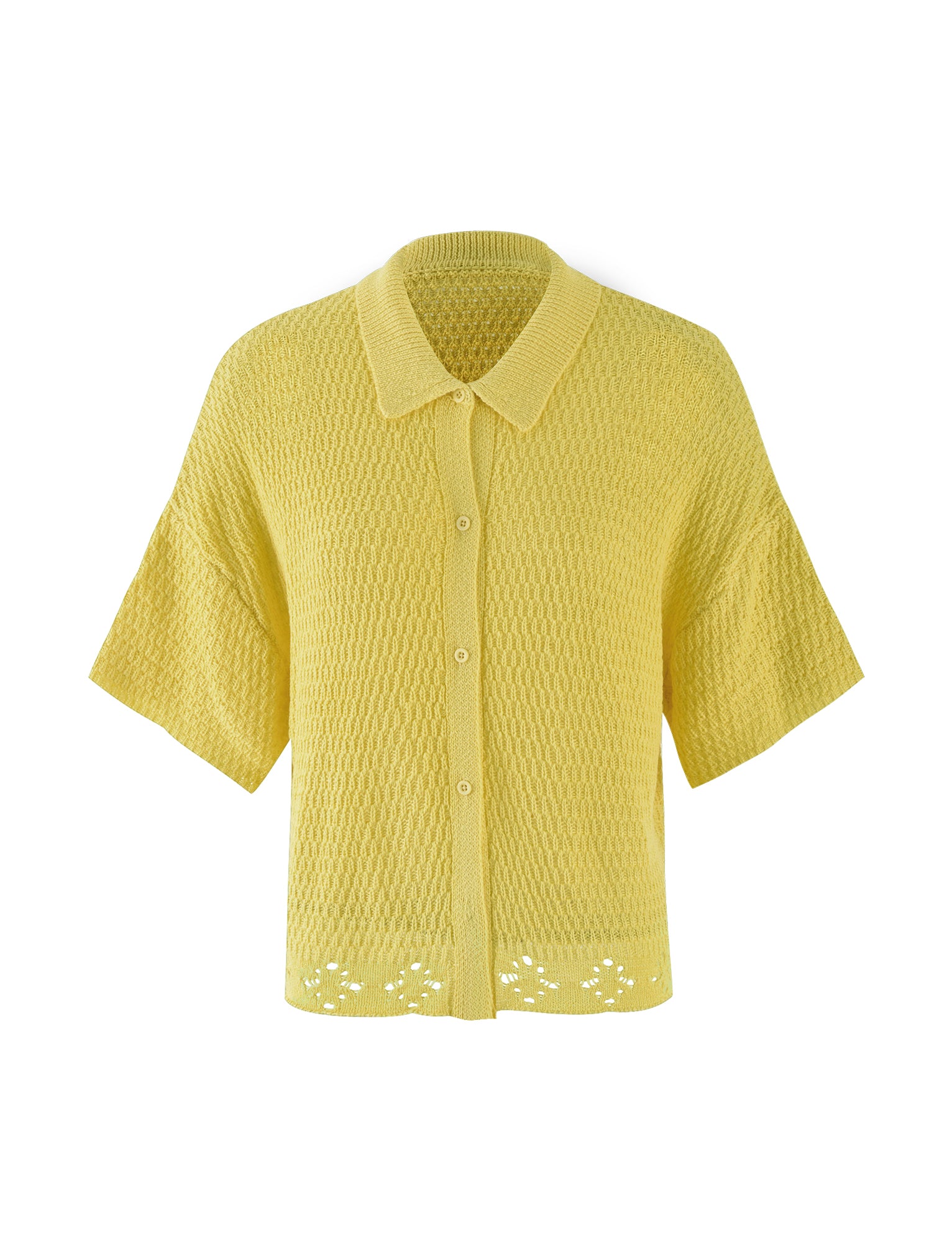 A charming, lemon-yellow, short-sleeved, button-up crochet cardigan called the JANAI TOP - YELLOW : LEMON from TIGERMIST features a textured knit pattern and a collar. The hem is adorned with a small, delicate lace detail. The cardigan is beautifully displayed on a plain white background.