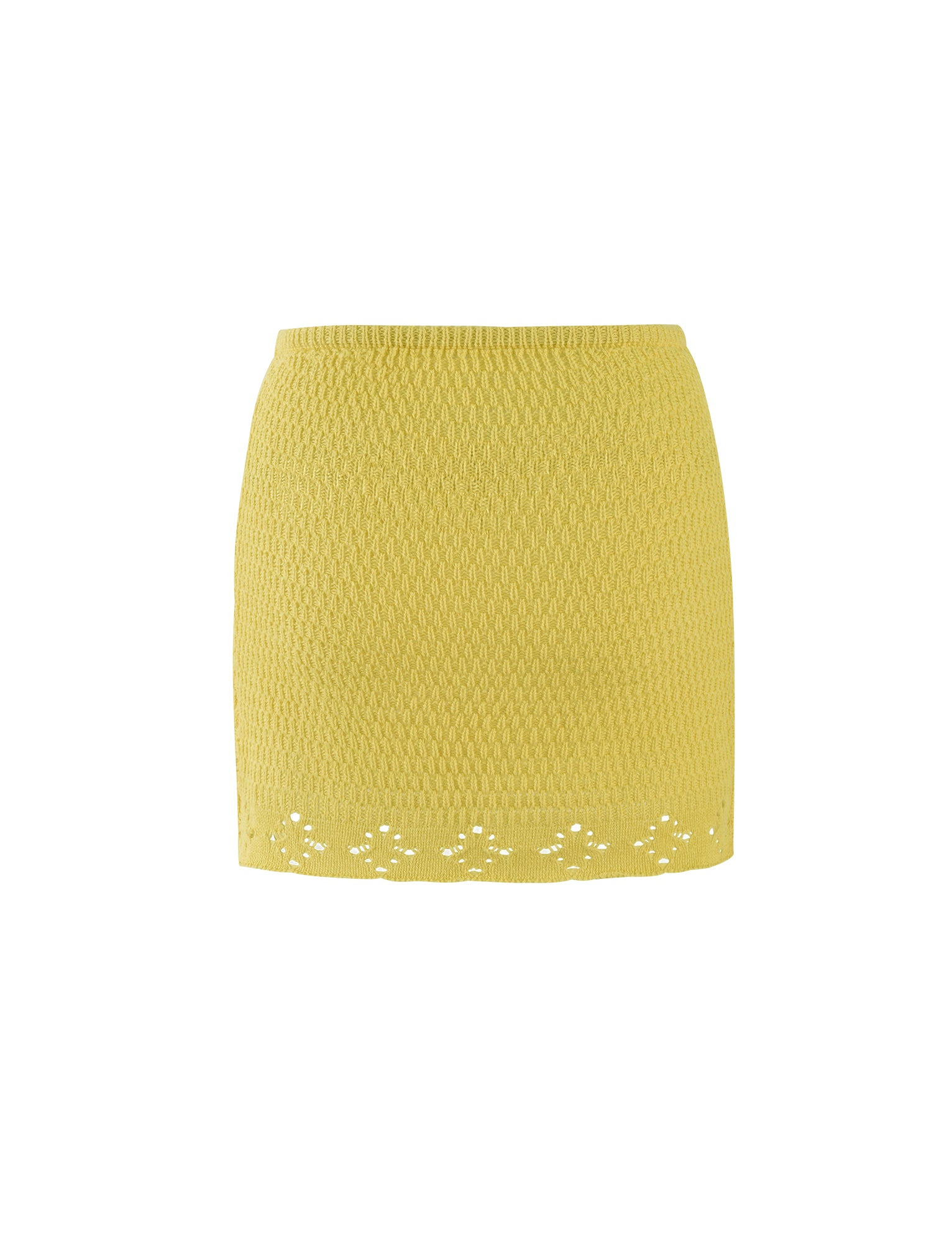 The JANAI SKIRT - YELLOW : LEMON from TIGERMIST is a yellow, crochet-style mini skirt featuring a subtle diamond pattern throughout and a decorative lace trim at the hem. The form-fitting skirt appears to be made from light, breathable fabric and is displayed on a plain white background.