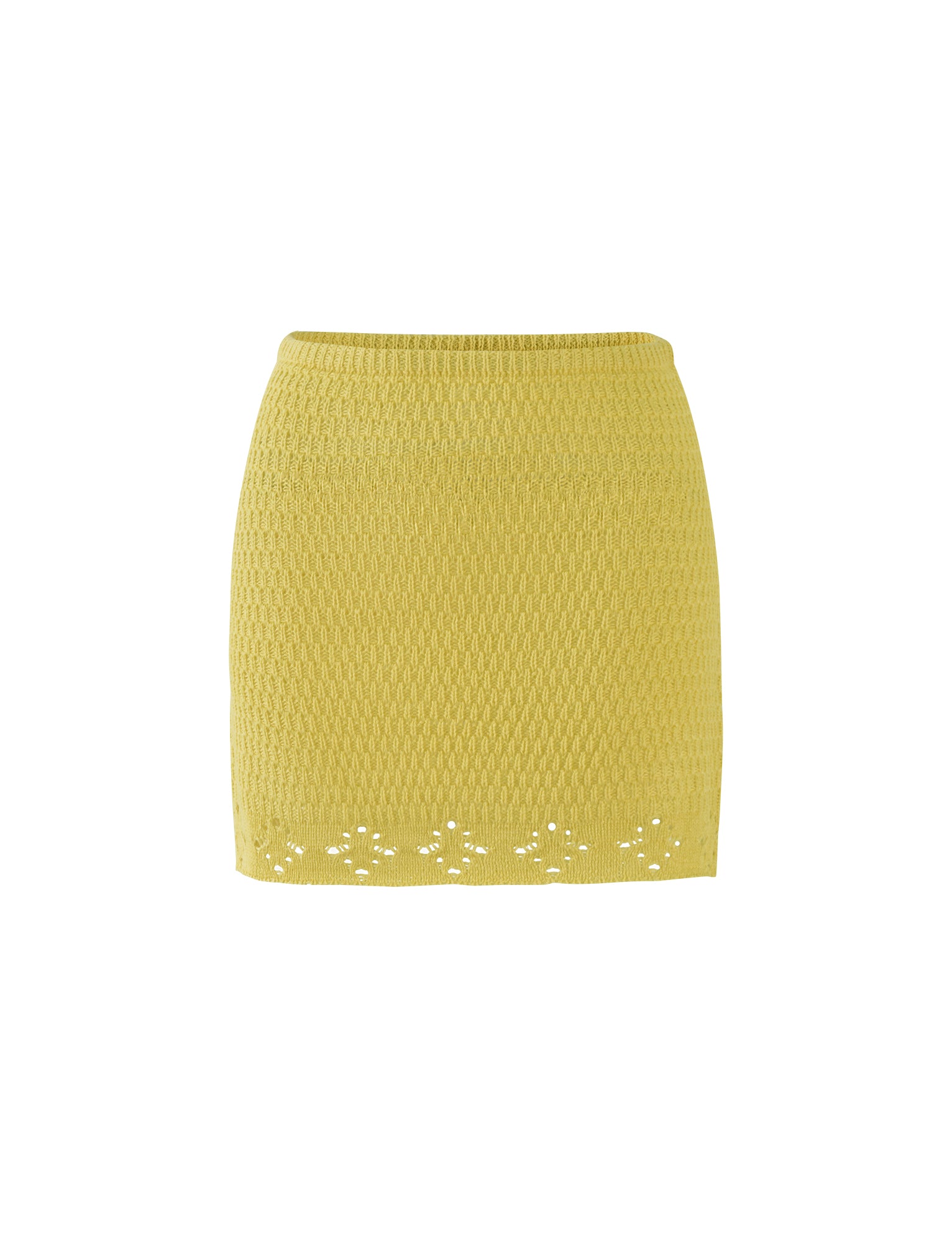The JANAI SKIRT - YELLOW : LEMON from TIGERMIST is a bright yellow, knee-length skirt featuring a textured fabric pattern. The hemline includes a decorative diamond and floral cut-out design for added detail, and the skirt has a form-fitting silhouette.