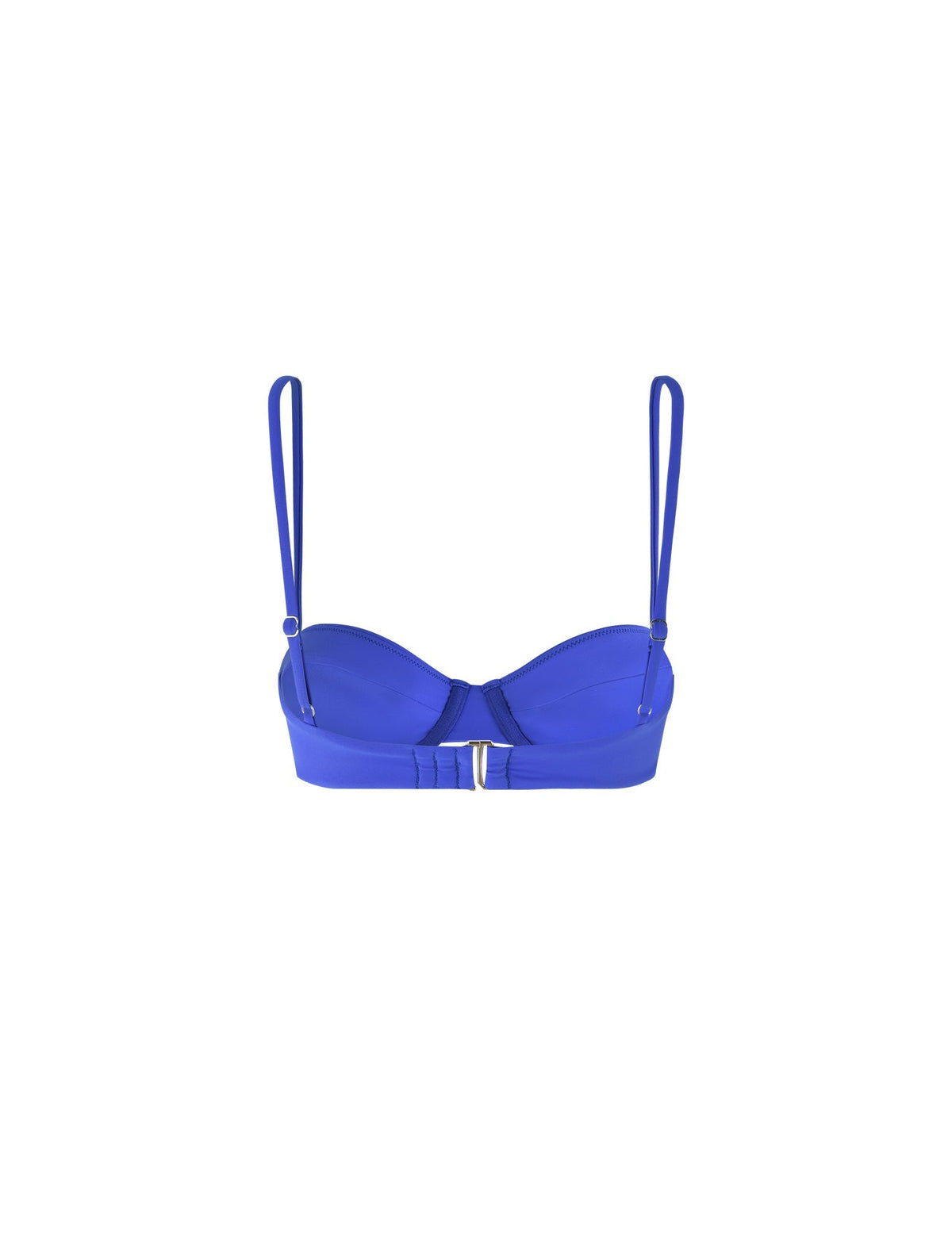 A TIGERMIST KHESSA Bikini Top in cobalt blue, featuring thin, adjustable shoulder straps and underwire support. The top includes a front clasp with seam lines on the cups for added structure. The fabric is smooth and slightly shiny, giving it a sleek appearance.