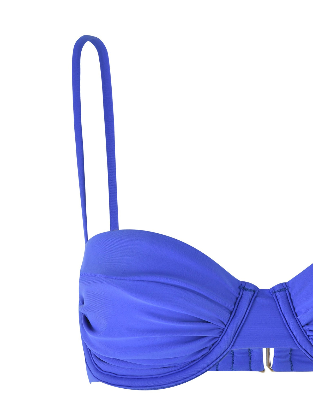 A close-up of the KHESSA BIKINI TOP - BLUE : COBALT by TIGERMIST showcases its sweetheart neckline, ruched detailing, and adjustable shoulder straps. The fabric appears smooth and slightly shiny, adding a sleek look. The right strap is visible hanging down in the image.