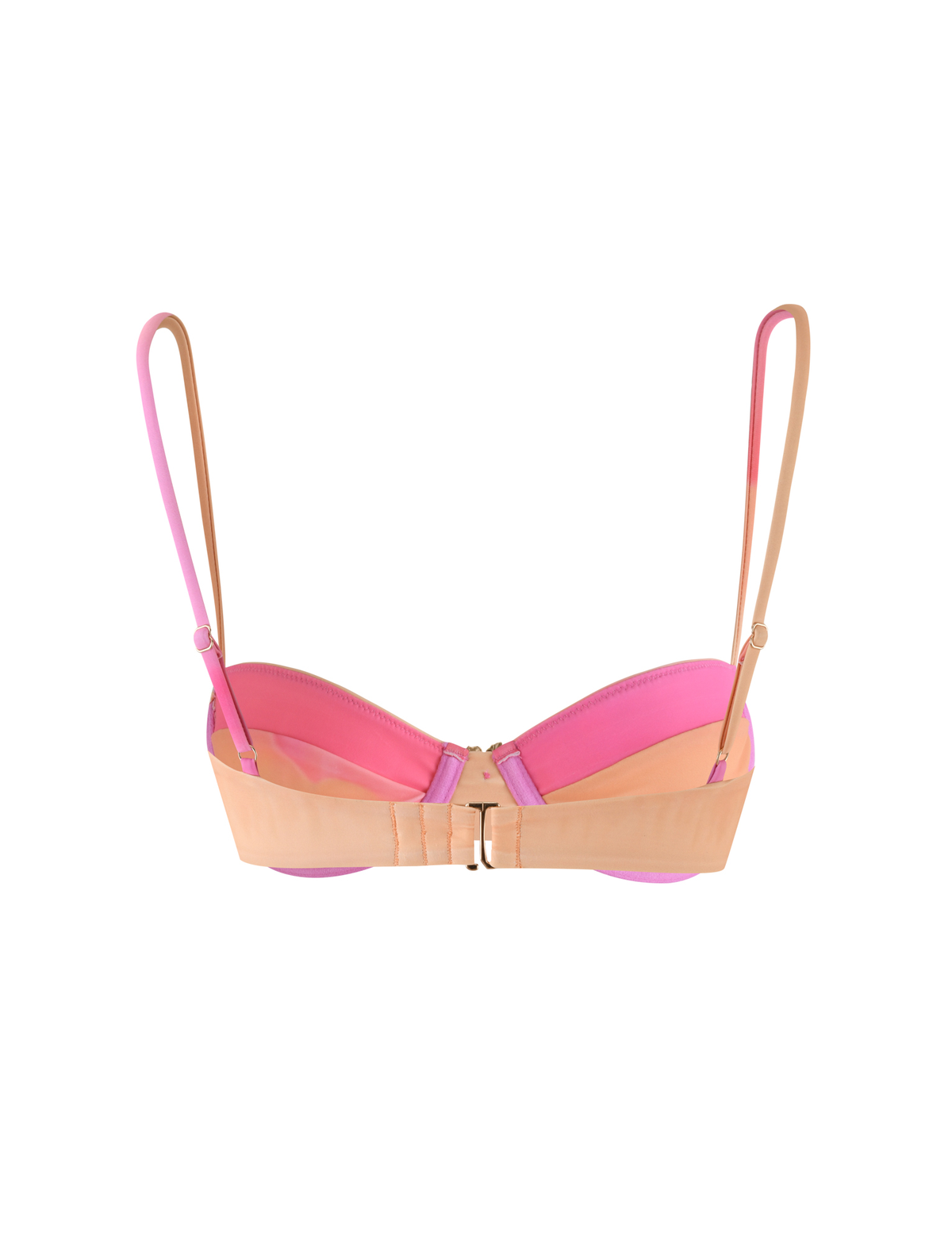 The KHESSA BIKINI TOP - PINK HIBISCUS by TIGERMIST features a back view with adjustable shoulder straps, a central back clasp, and a beige band that highlights the gradient pink and orange cups against a white background.