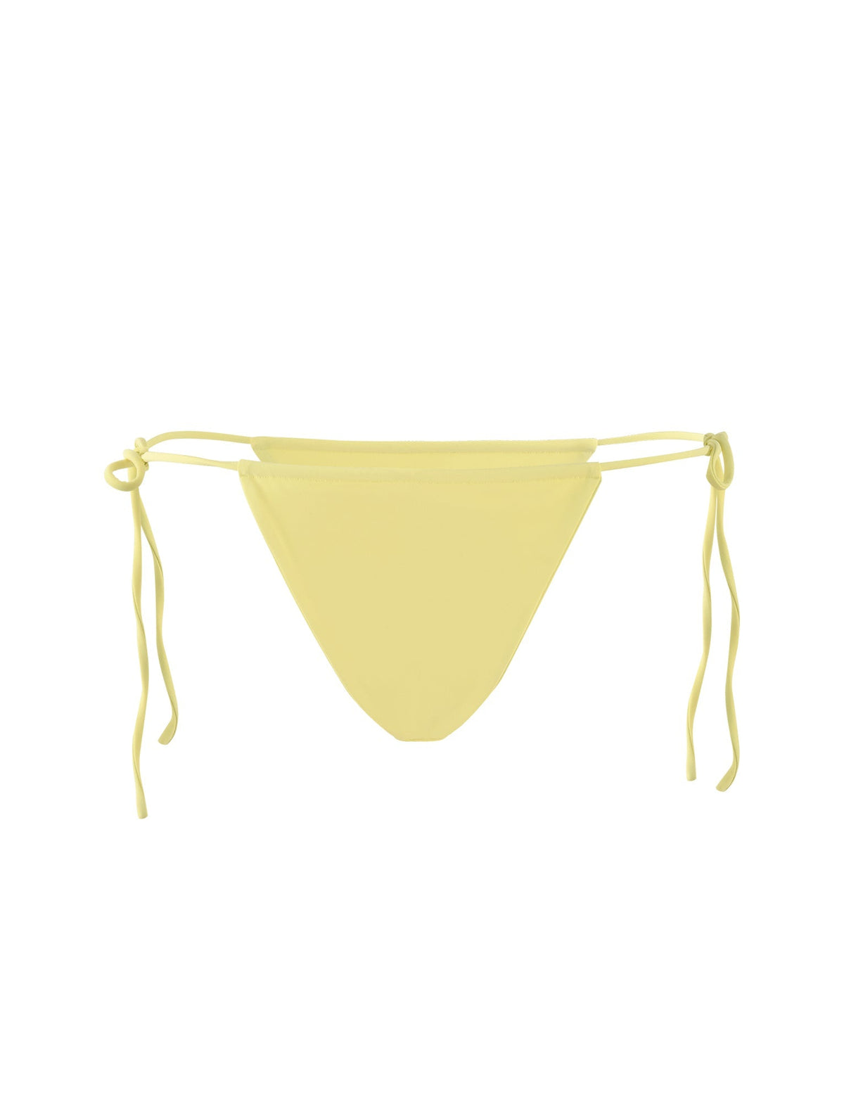 The KHESSA BIKINI BOTTOM - YELLOW : LEMON by TIGERMIST features a bright yellow color with side tie strings on both hips. This minimalist swimwear piece has a triangular front and adjustable strings for a comfortable fit. The white background accentuates the vibrant hue perfectly.