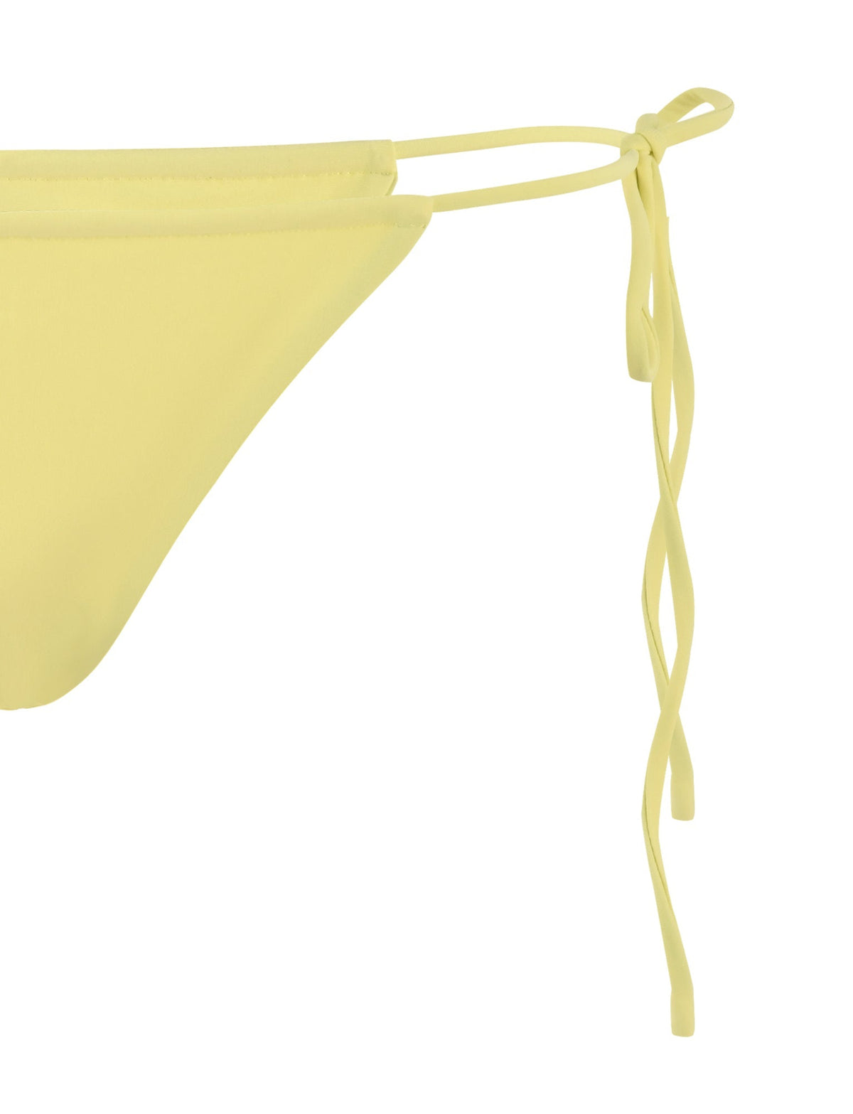 Close-up of the KHESSA BIKINI BOTTOM in Lemon by TIGERMIST, showing the side tie on one end. The tie features two long straps that are casually knotted, adding a delicate, adjustable detail to the swimwear. The fabric appears smooth and simple.