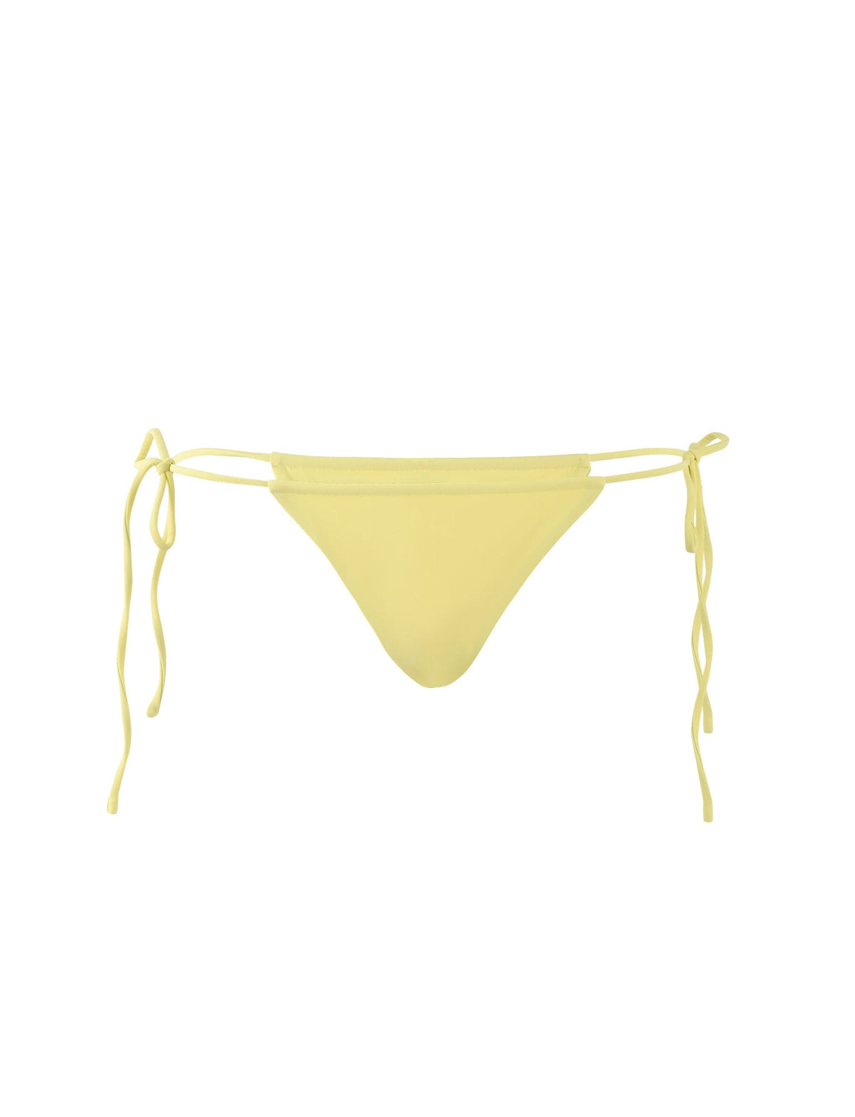 The KHESSA BIKINI BOTTOM - YELLOW : LEMON from TIGERMIST features tie strings on both sides and is showcased against a plain white background. This design is simple, with minimal coverage and a seamless finish.