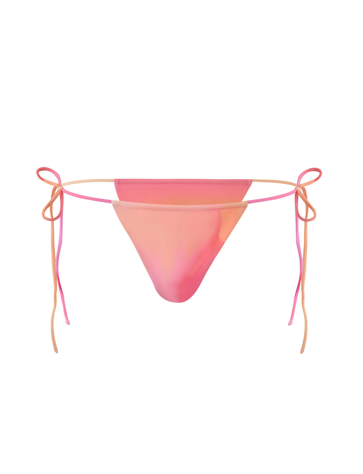 The TIGERMIST KHESSA BIKINI BOTTOM - PINK HIBISCUS features a pink and peach gradient, bodycon fit, and adjustable side ties, shown isolated on a white background.